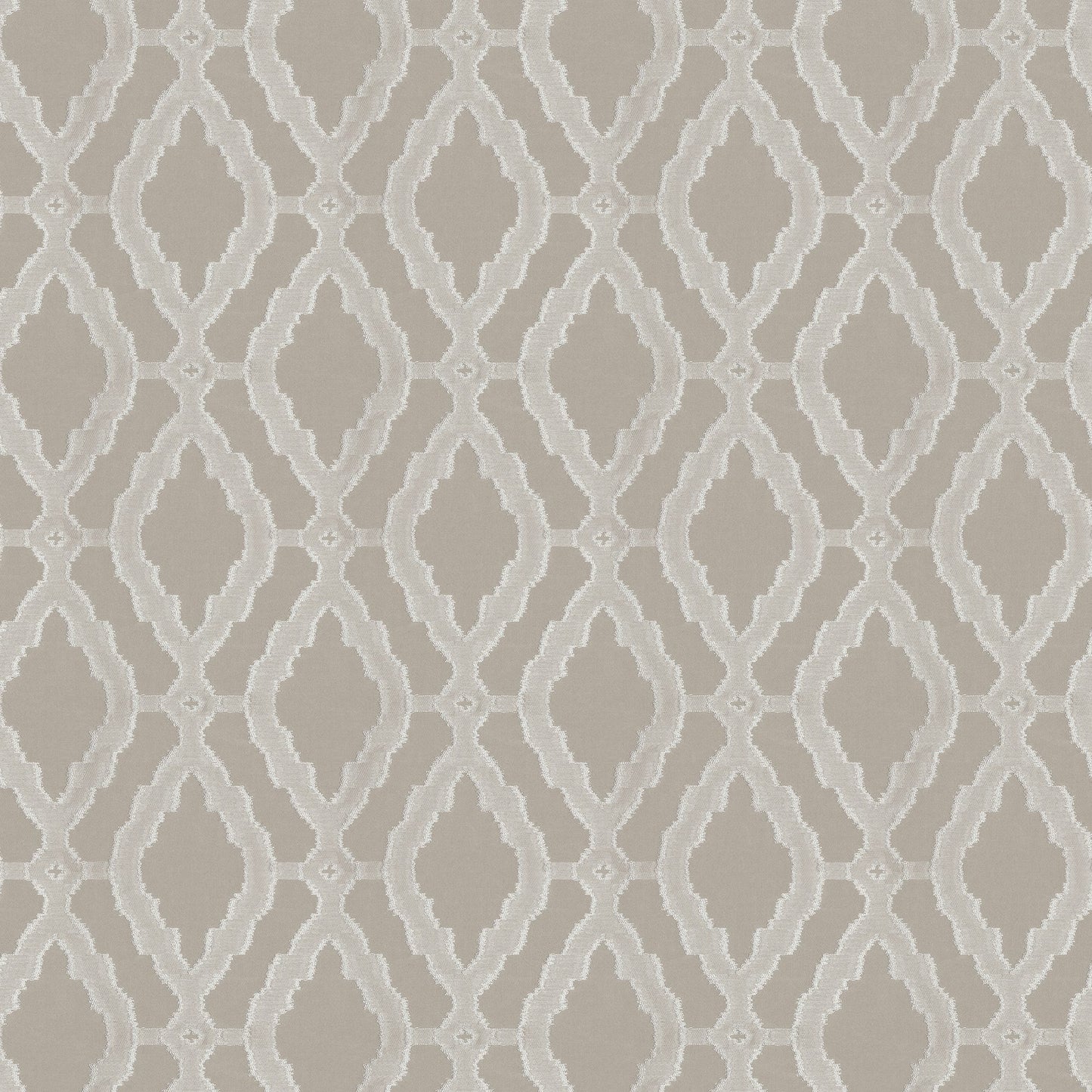 Taupe and cream damask trellis fabric with diamond shapes and small circular accents.