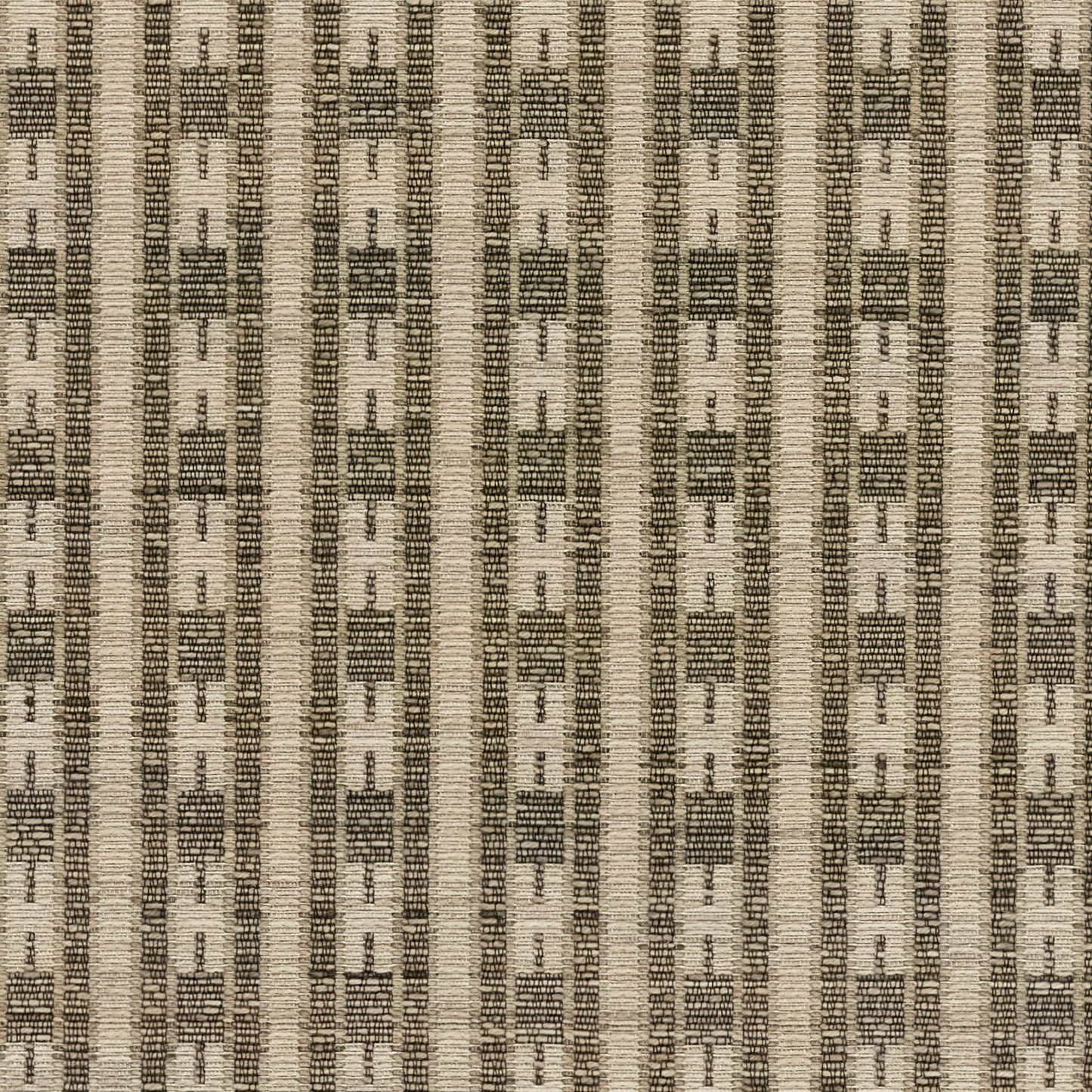 Beige woven rug with dark brown vertical geometric stripes and small rectangular motifs; kilim-style flat-weave rug