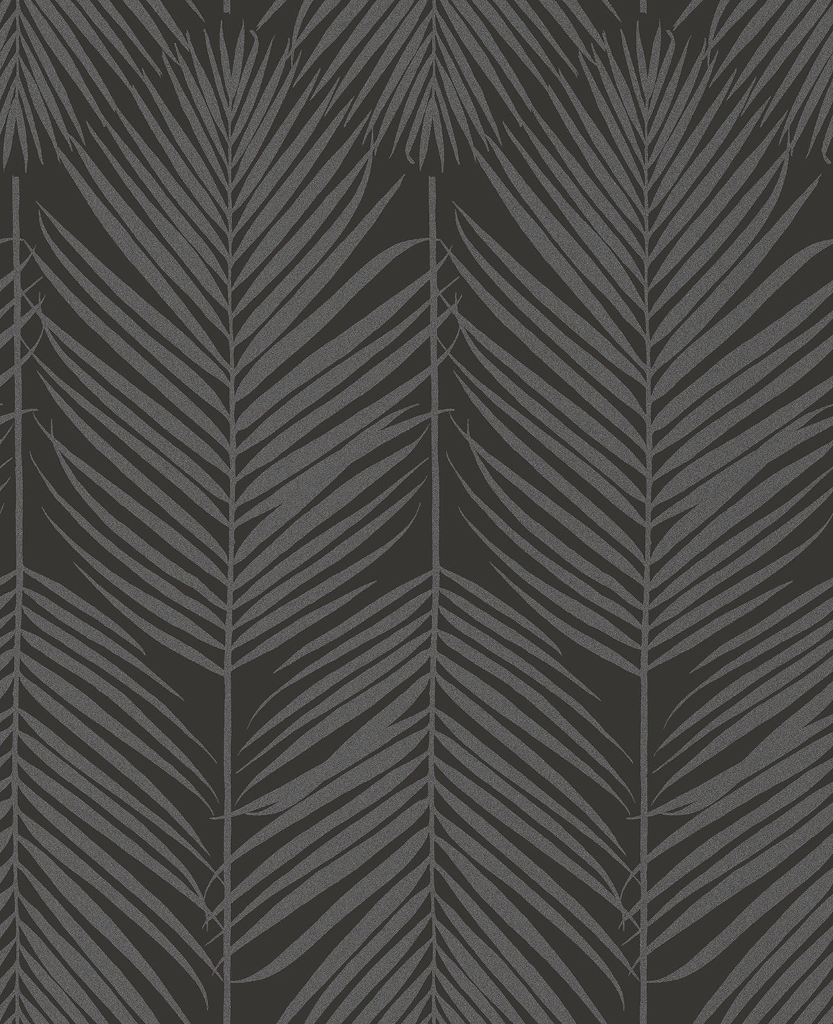 Black background with a dark gray palm leaf pattern, featuring long slender leaves arranged vertically in a modern botanical style.