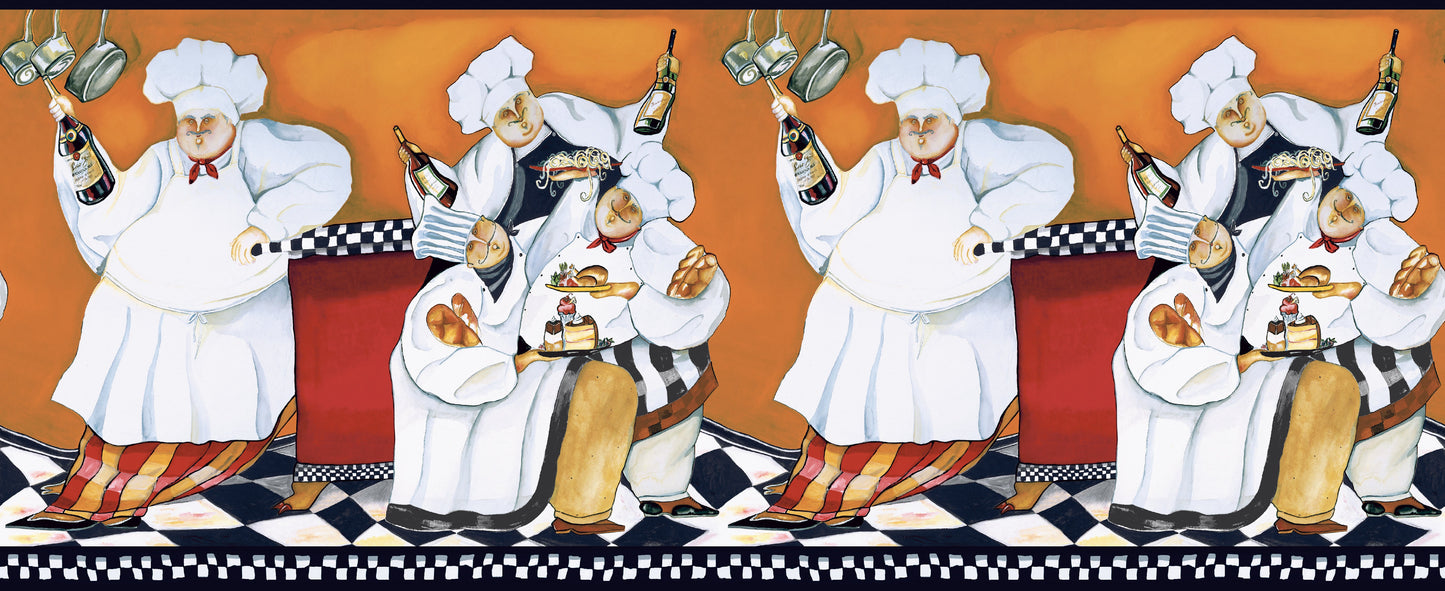 Cartoon chef pattern: white uniforms holding bottles against orange wall and black-and-white checkered floor.
