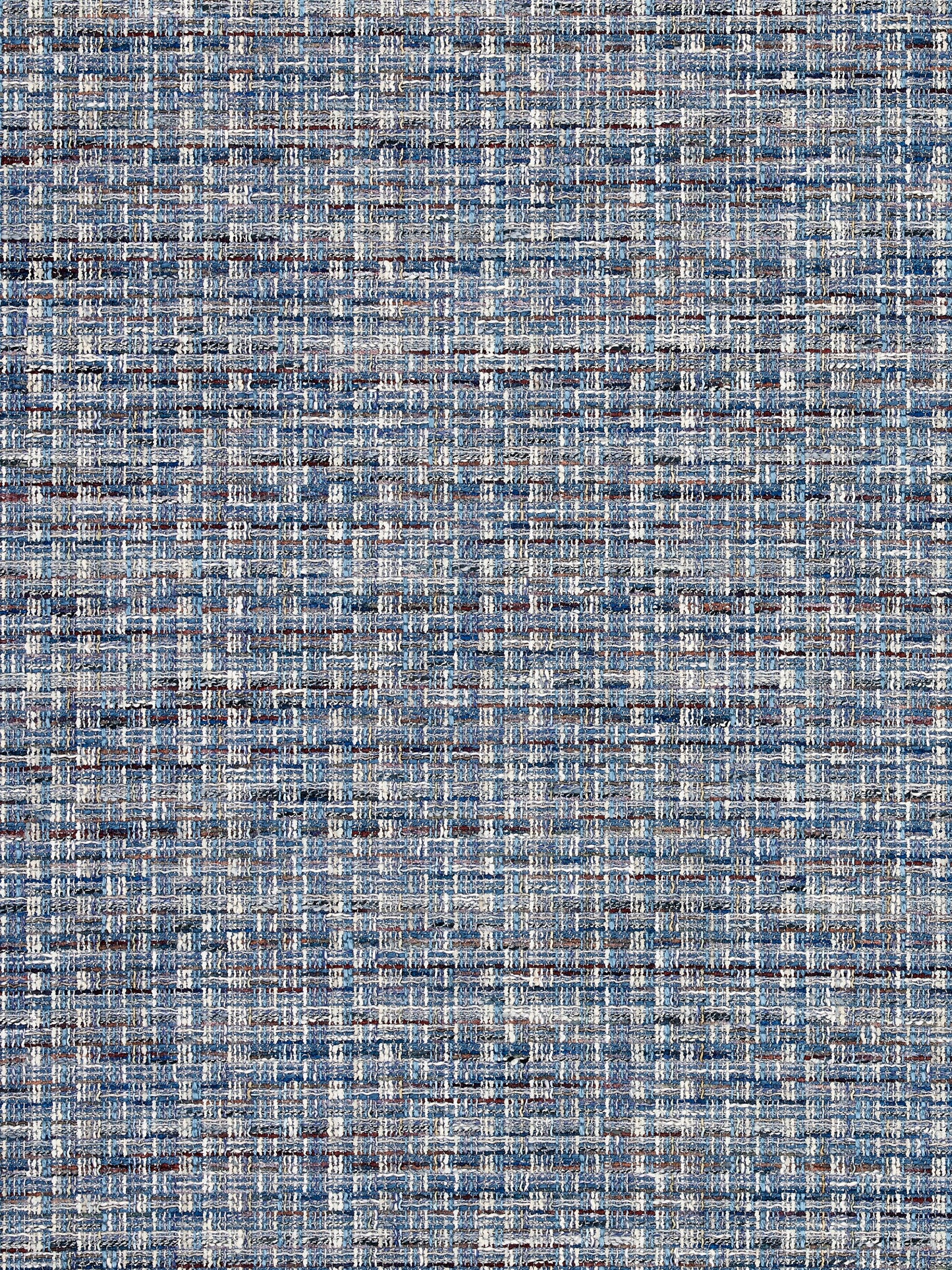 Blue woven tweed-like fabric with interlaced light beige fibers; textured upholstery textile.