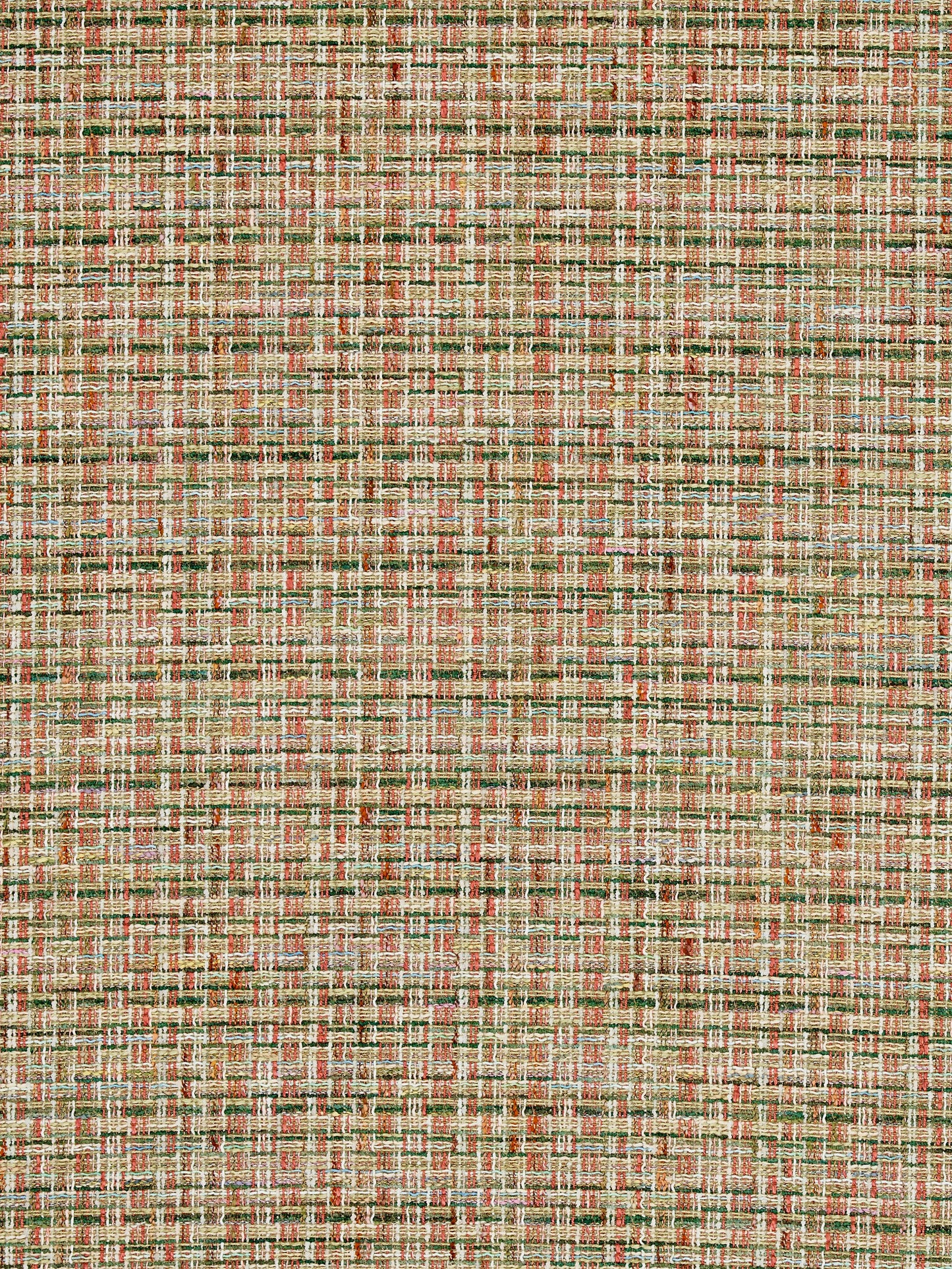 Olive & coral tweed fabric with a subtle woven texture; suitable for upholstery or apparel.