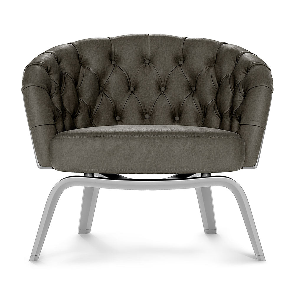 Brown textured fabric lounge chair with curved arms and sleek metal legs.