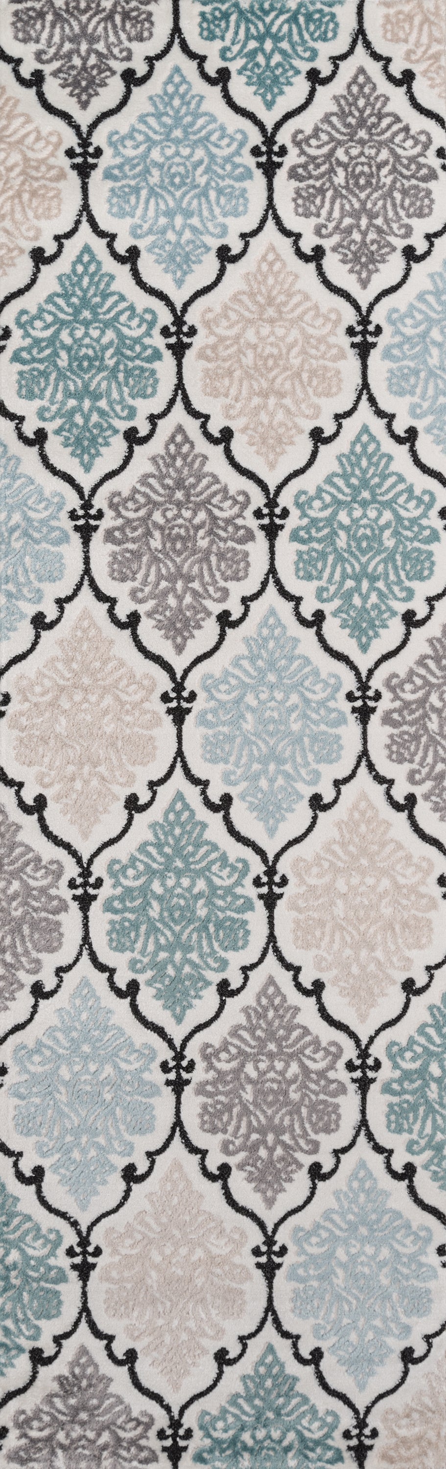 Pastel damask medallions with black lattice outlines; aqua, beige and taupe motifs on white.
