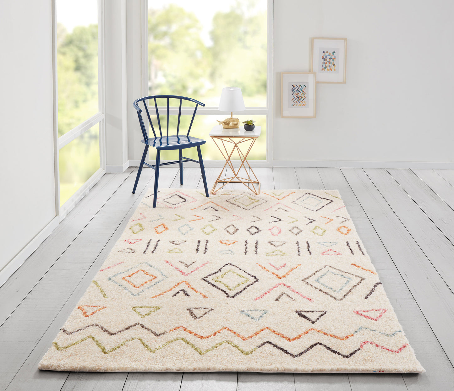 Cream shag rug with pastel geometric diamonds; blue spindle chair beside a copper-legged side table with lamp.