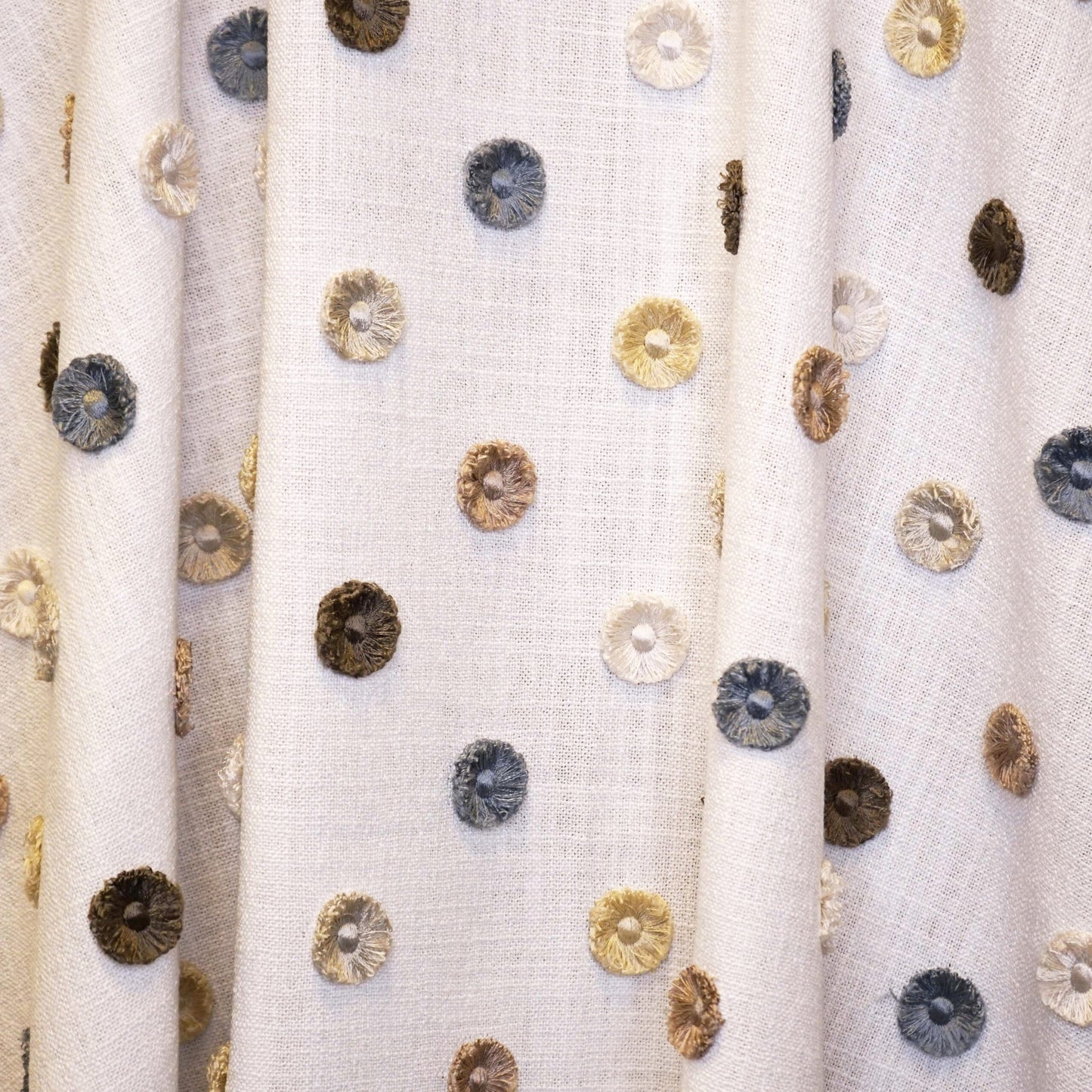 JF Fabrics BUTTONS 92 Fabric Dot, Traditional, Transitional White, Taupe Embroidery - 9012892 J9161