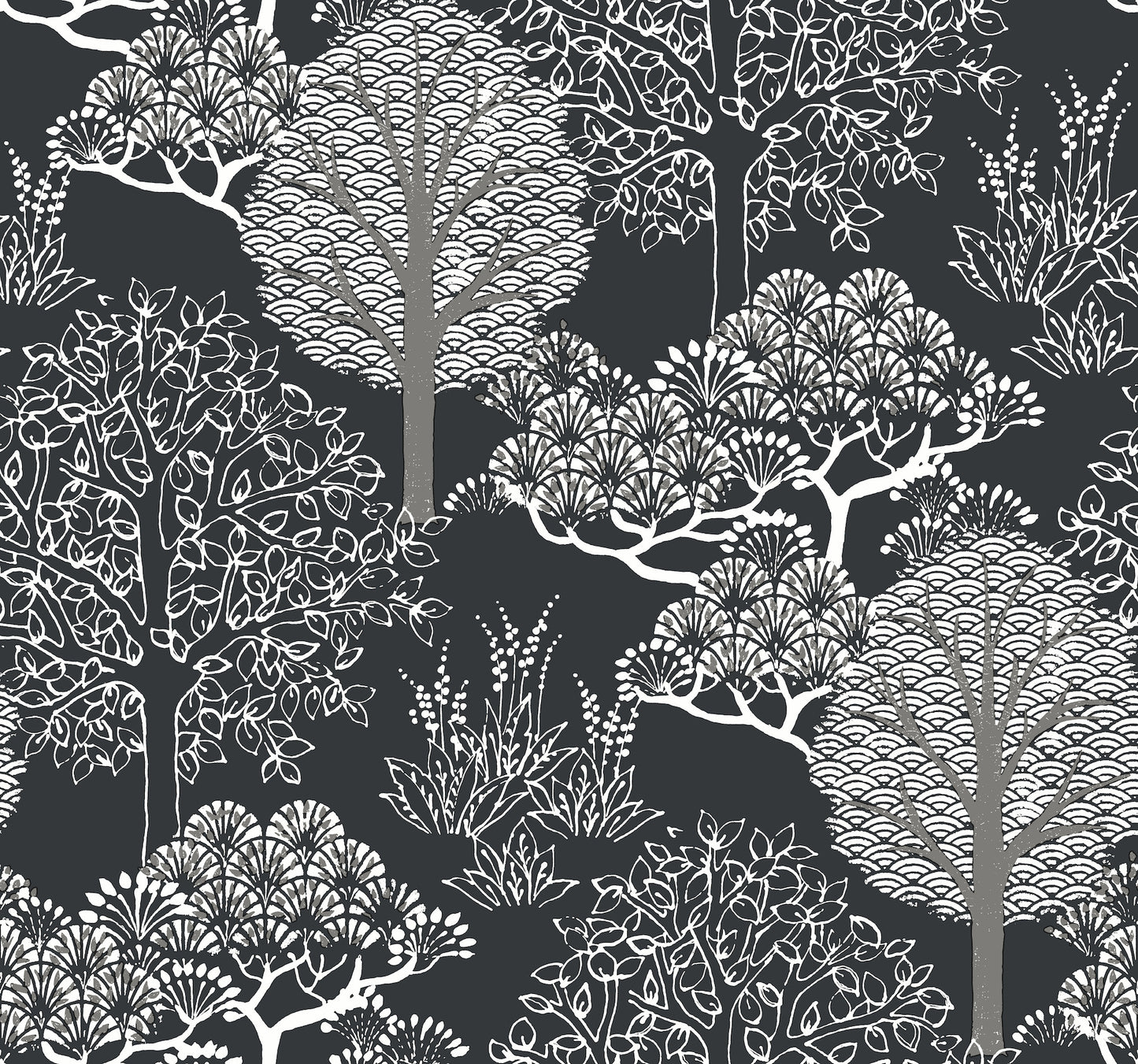 York Wallcoverings Black & White, III Kimono Trees Black Metallic Wallpaper Botanical Botanical Black Metallic - BW3852