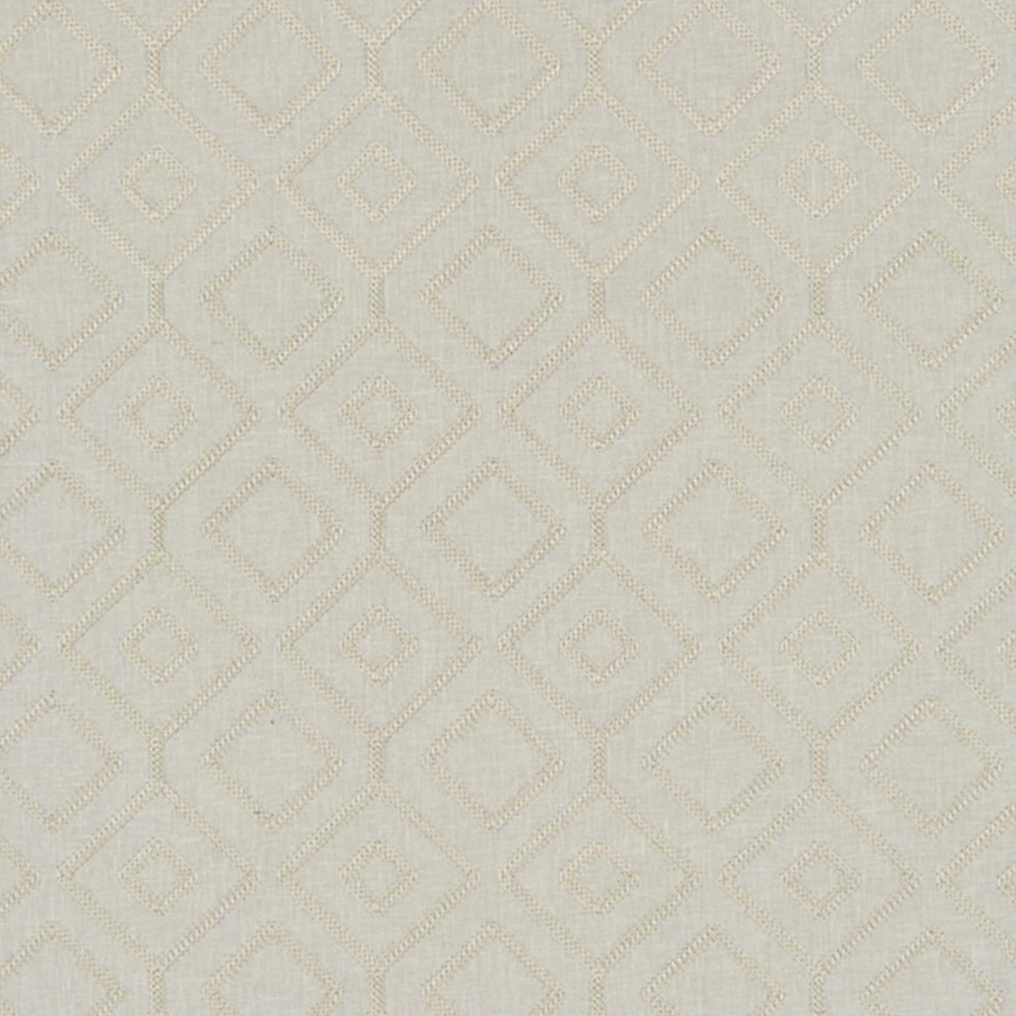 Beige textured fabric with a subtle cream geometric diamond lattice embroidery pattern.