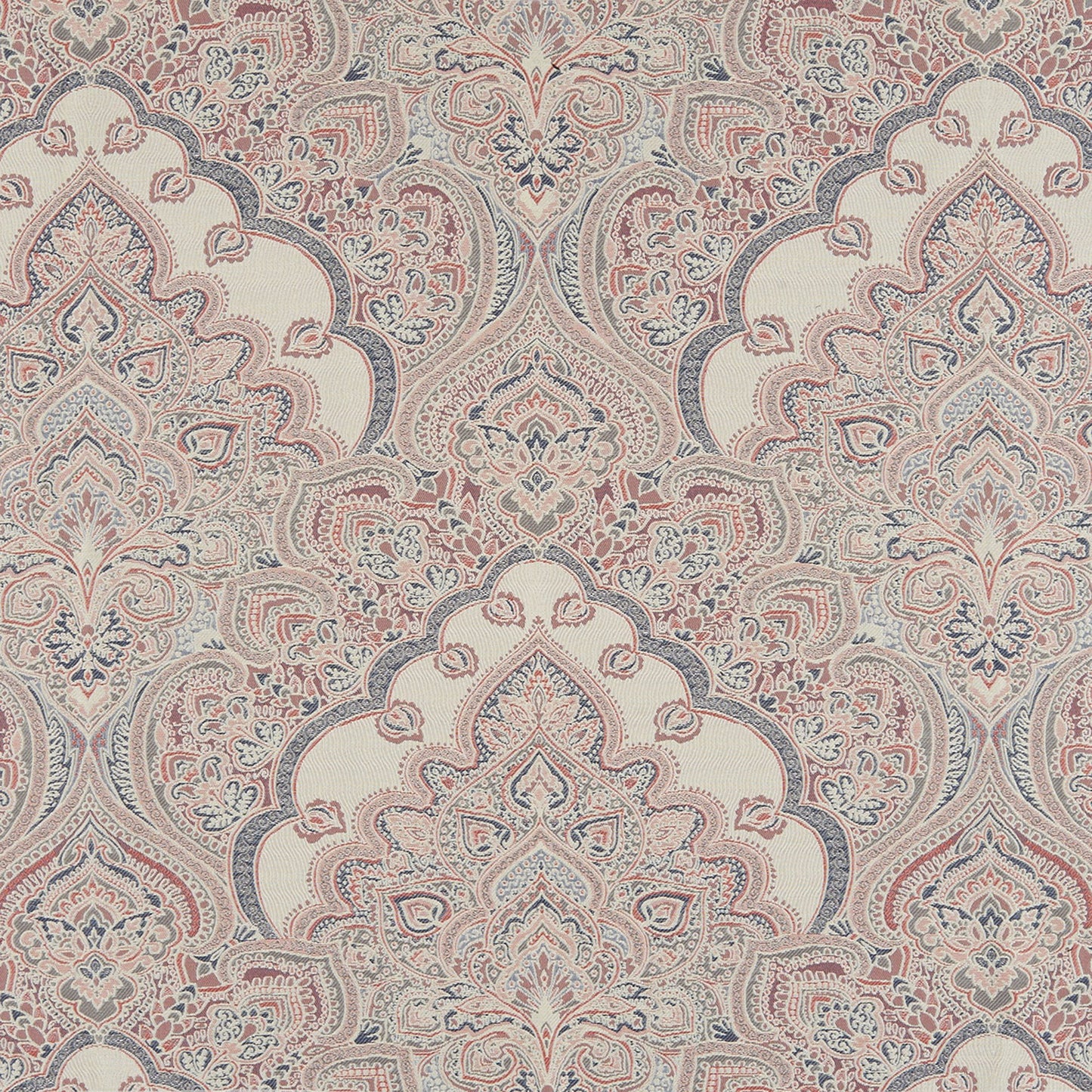 Pink damask fabric with a jacquard texture; ornate symmetrical floral medallions & a luxurious textile look.