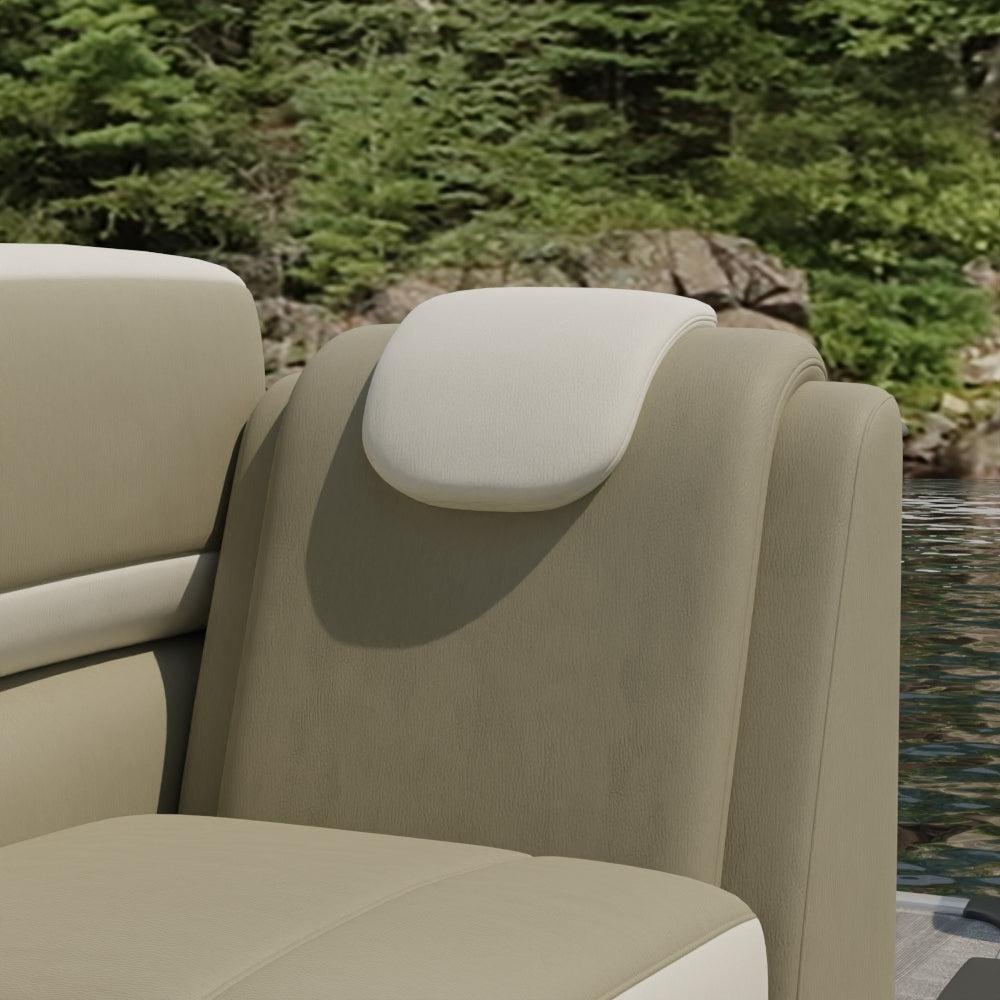 Blue solid fabric seating with a cushioned backrest and headrest, outdoors by a lake with trees.