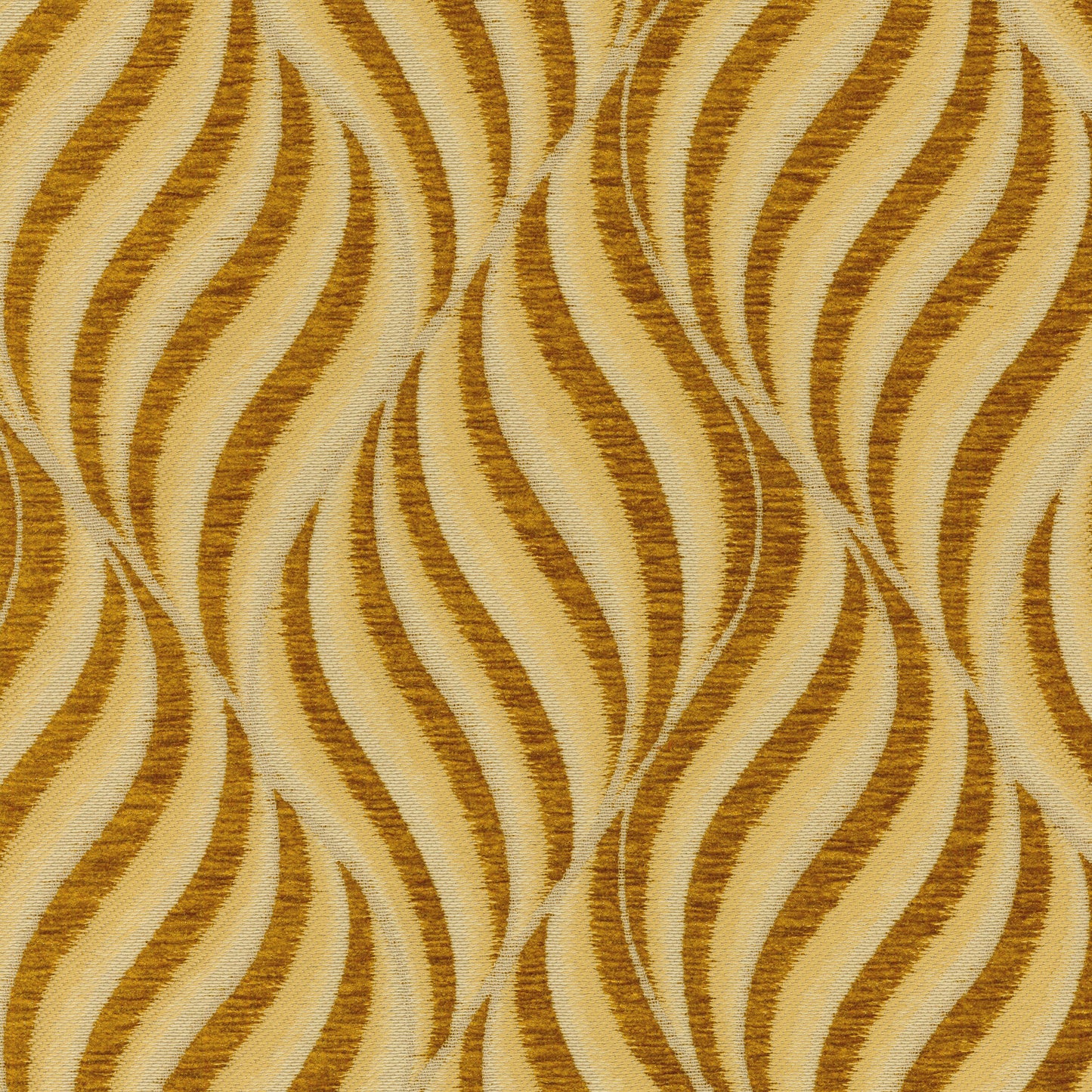 Gold and cream wavy striped chenille fabric pattern; luxe upholstery texture for cushions or drapes.
