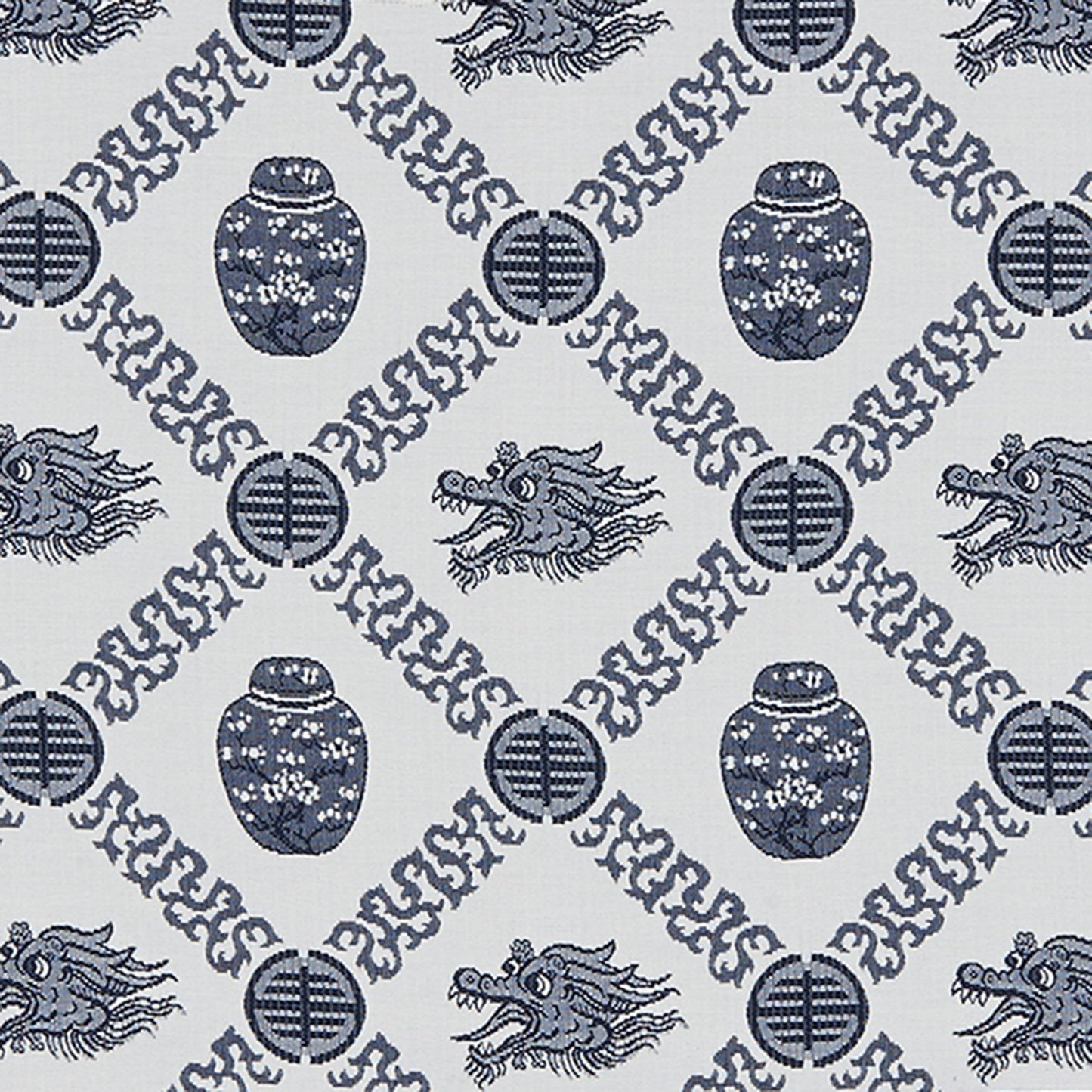Blue-and-white porcelain motif featuring vases, dragons and circular medallions in a repeating pattern.