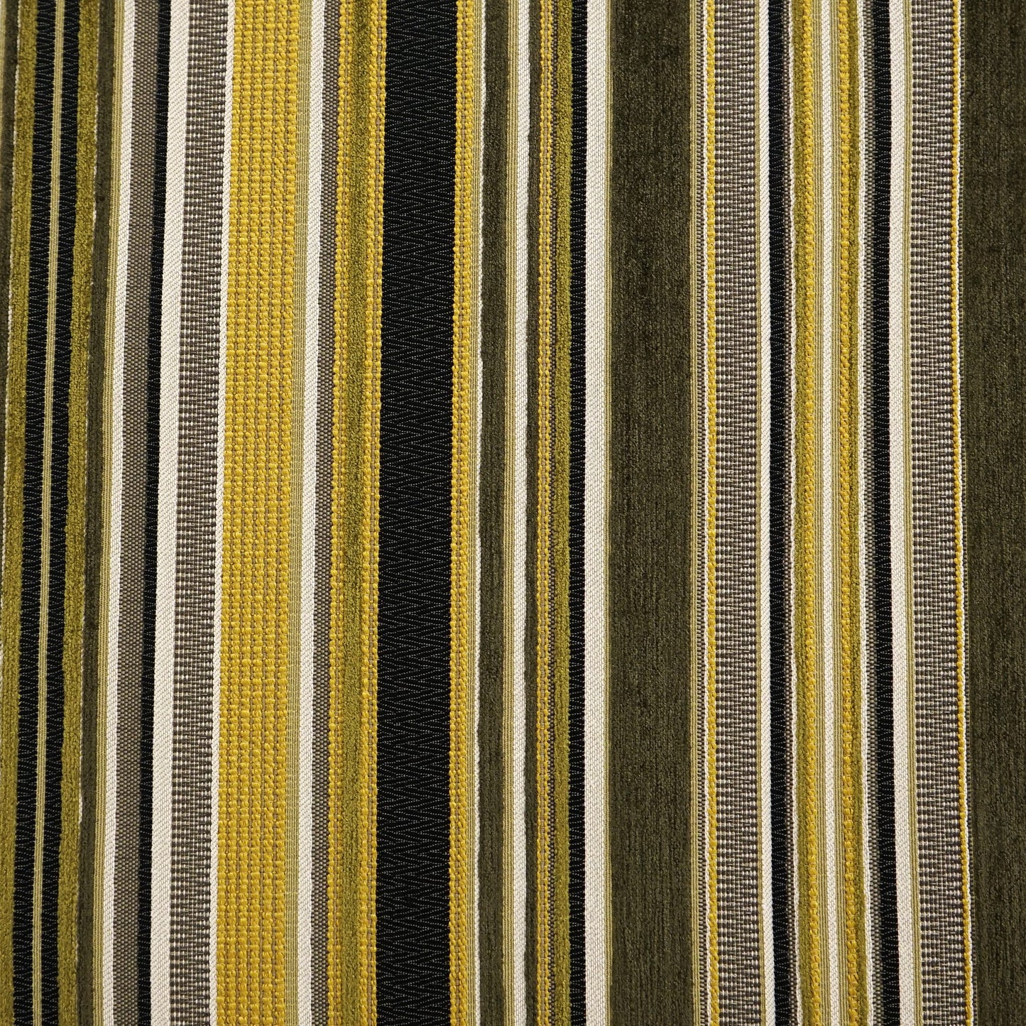 Striped green upholstery fabric with a woven chenille and jacquard texture.