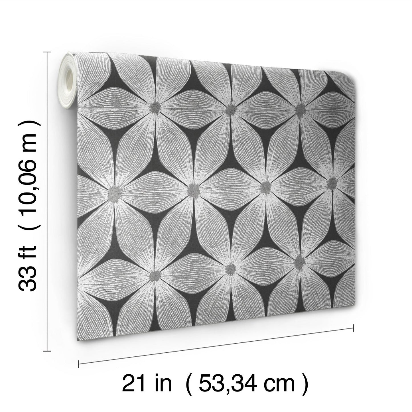 Black and silver floral wallpaper roll with repeating daisy-like petals on a dark background, 21 in wide by 33 ft long.