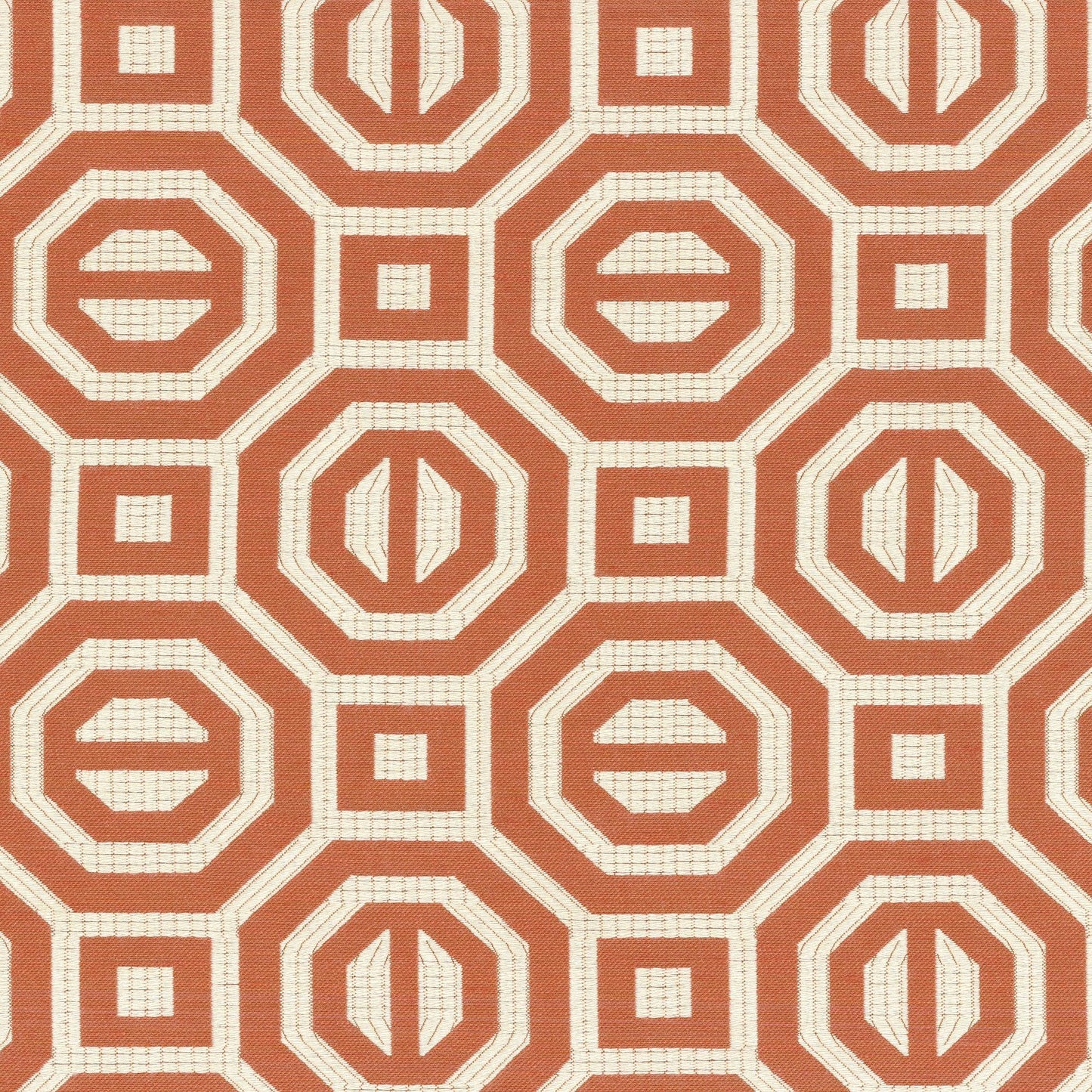 Orange and cream geometric fabric with octagon and square motifs; versatile upholstery or decor textile.