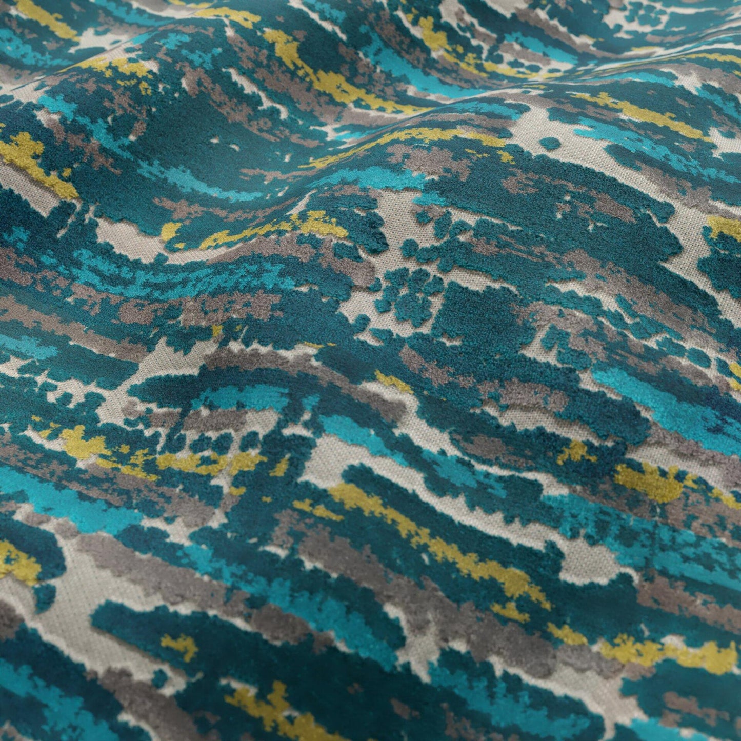 JF Fabrics CLUB 65 Fabric Texture, Abstract Teal, Grey/Brown, Chartreuse, Beige Velvet - 9751565 J9541