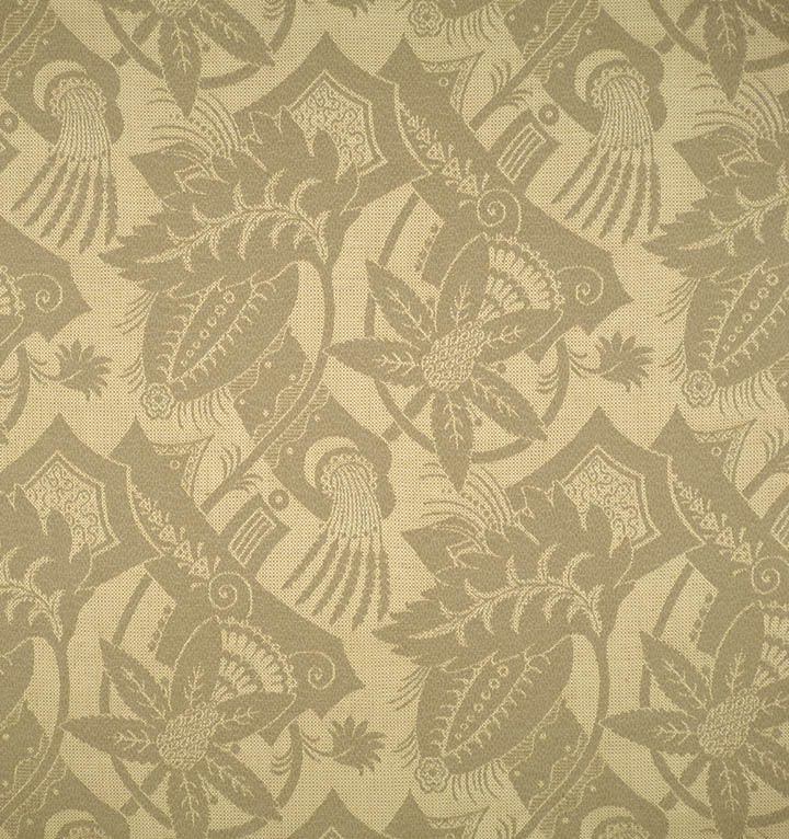 Beige damask floral textile pattern in taupe tones; ornate leaves and blossoms for upholstery or curtains.