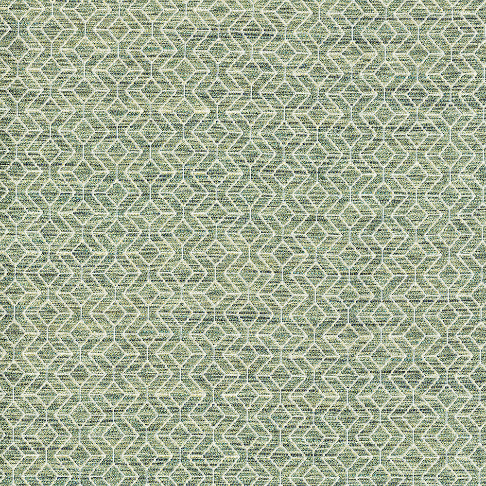 Green woven fabric with cream geometric stripe pattern; textile texture for upholstery or decor.