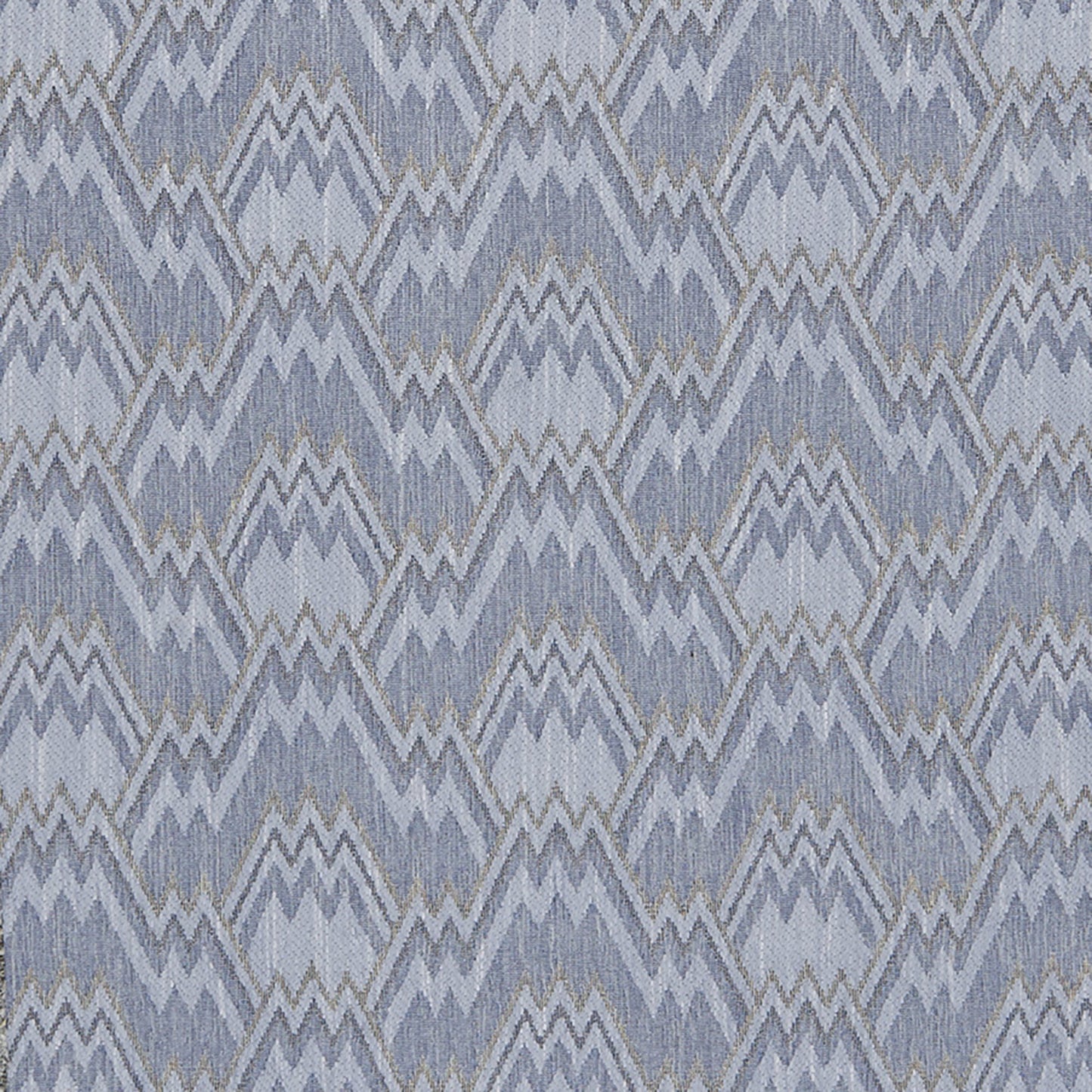 Blue and lavender chevron pattern on chenille fabric with repeating diamond motifs in cool tones.