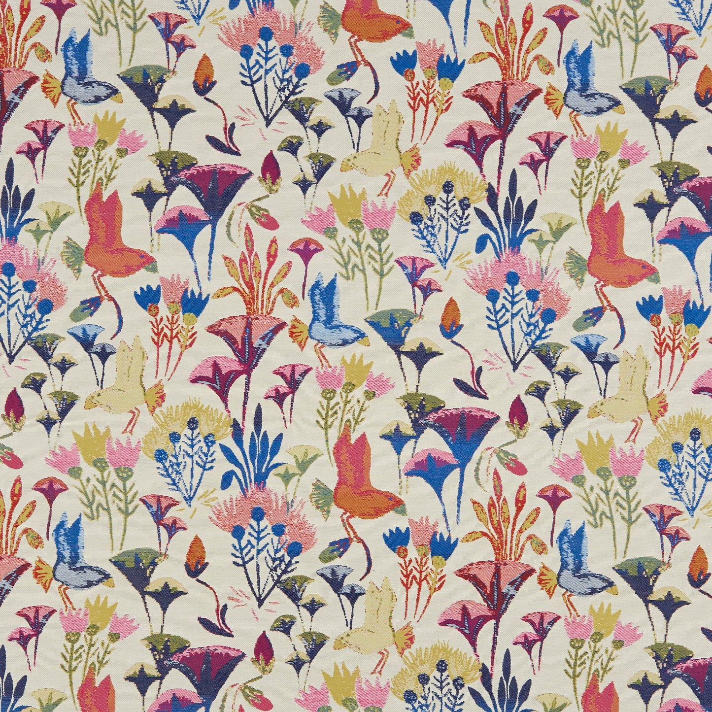 Colorful countryside floral jacquard fabric in cream with stylized birds and bright blooms; textured outdoor textile.