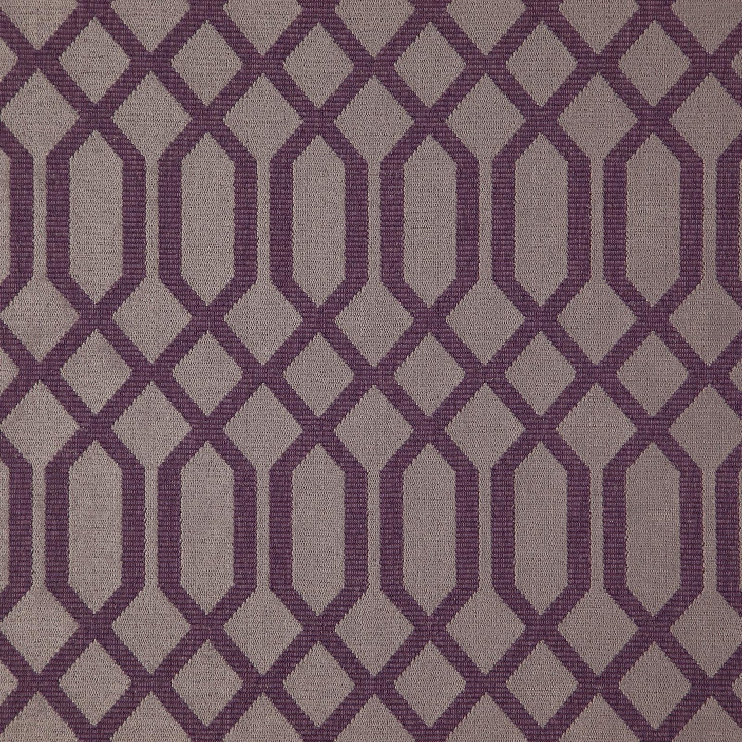 Purple crisscross lattice on chenille fabric; geometric diamond upholstery pattern.