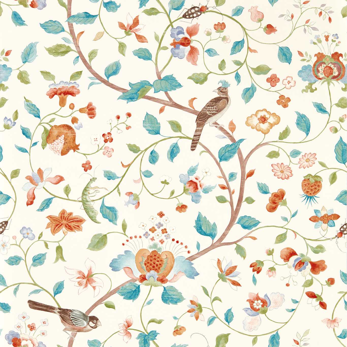 SANDERSON Aril?s Garden Wallpaper Birds Teal,Russet Gravure - Wide Width Printed Wallpaper - DABW217235