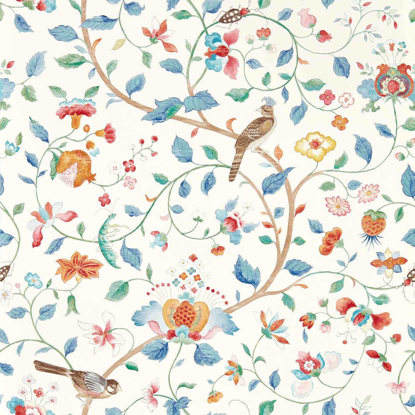SANDERSON Aril?s Garden Wallpaper Birds Indigo,Red Gravure - Wide Width Printed Wallpaper - DABW217237