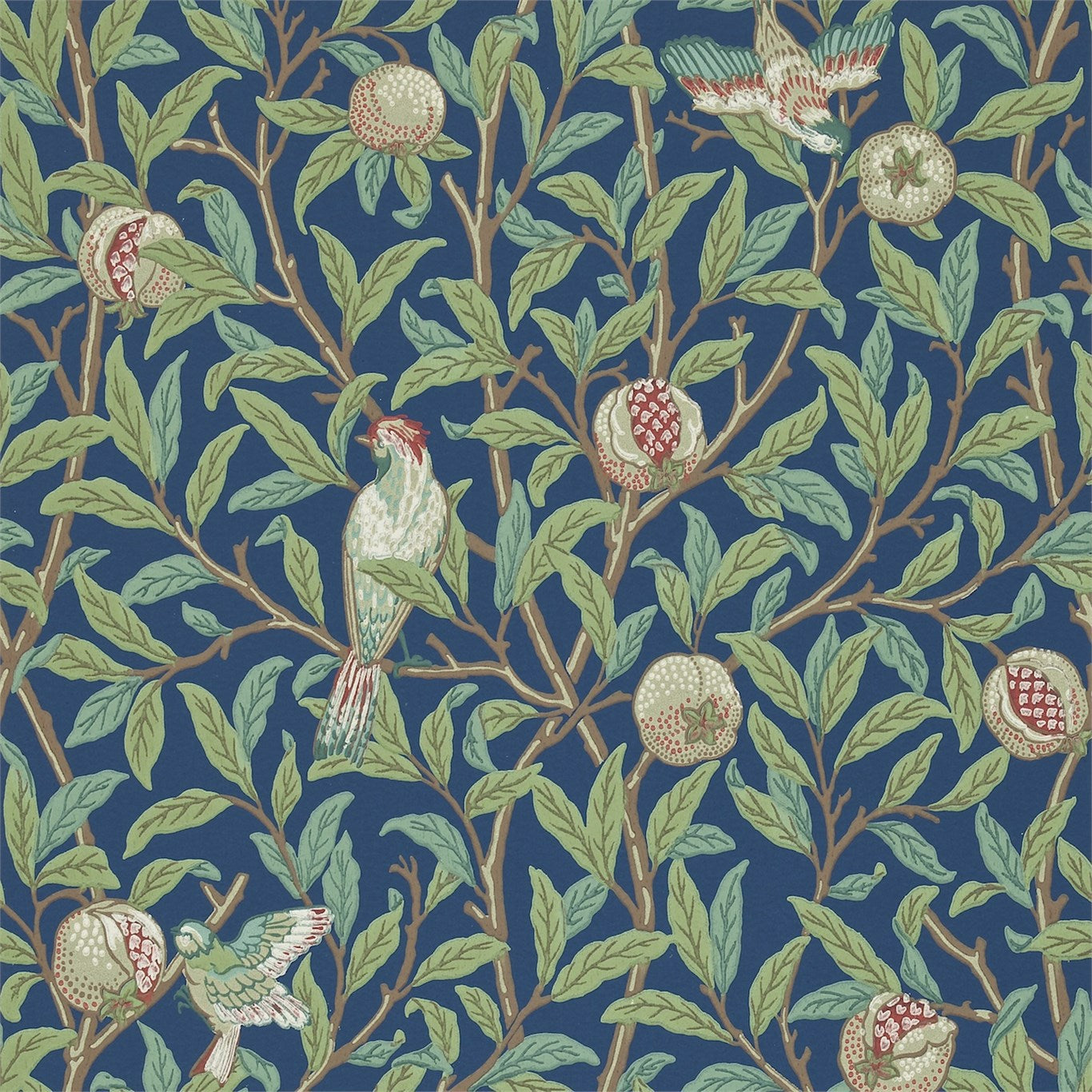 MORRIS & CO Bird & Pomegranate Wallpaper Birds Blue,Sage Surflex-Printed Wallpaper - DARW212540