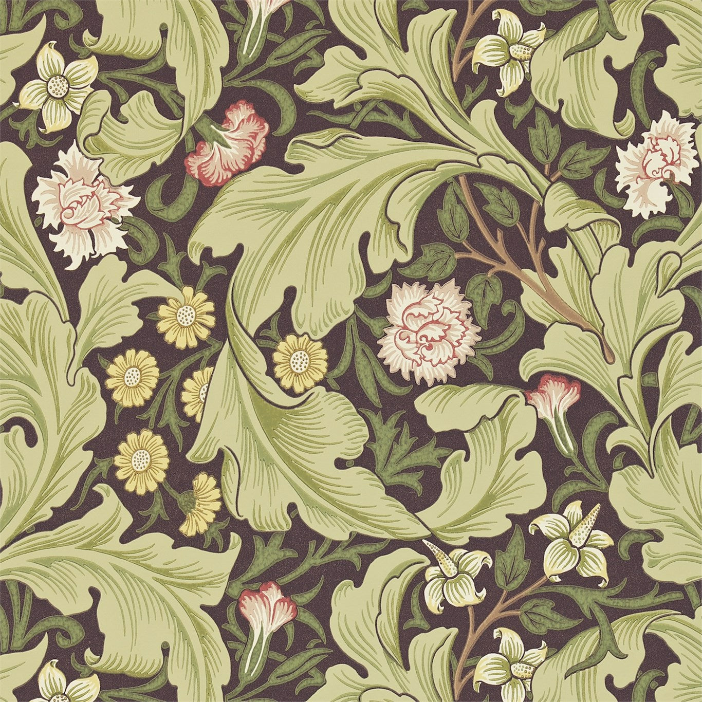 MORRIS & CO Leicester Wallpaper Contemporary, Floral Chocolate,Olive Surflex-Printed Wallpaper - DARW212542