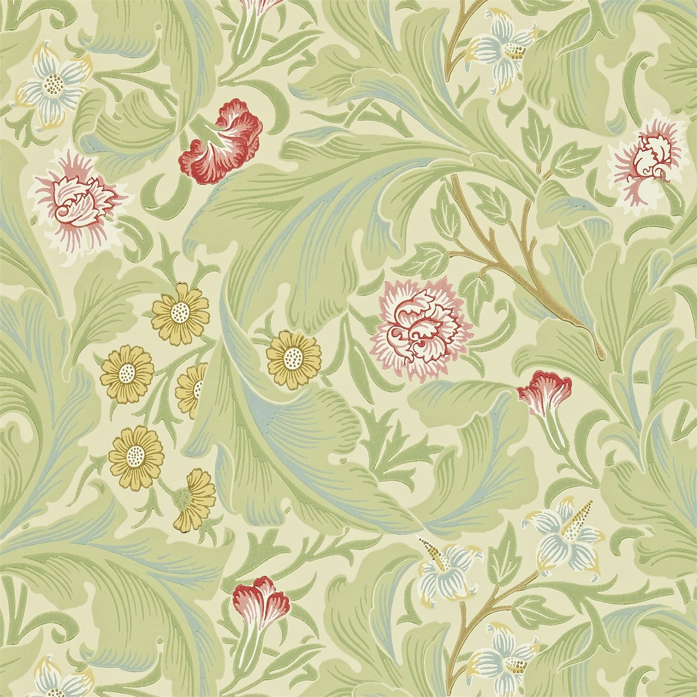 MORRIS & CO Leicester Wallpaper Contemporary, Floral Green,Coral Surflex-Printed Wallpaper - DARW212543