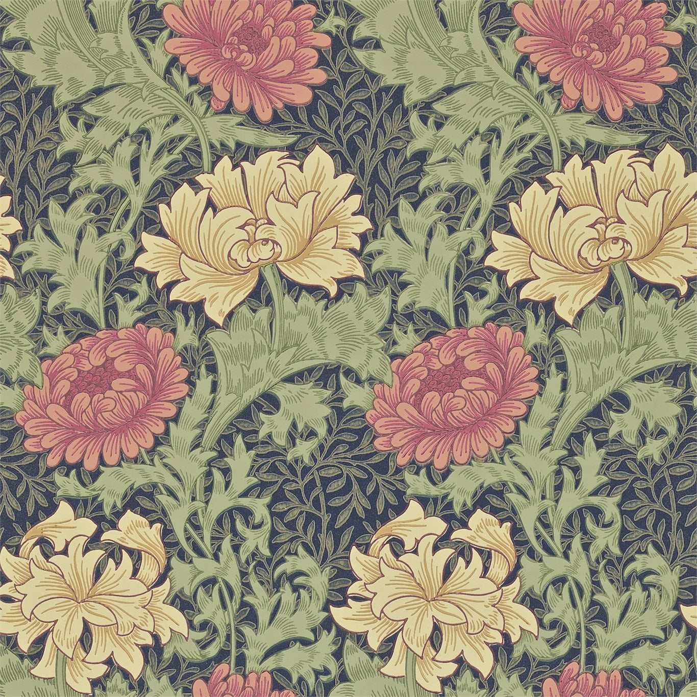 MORRIS & CO Chrysanthemum Wallpaper Contemporary, Floral Indigo Surflex-Printed Wallpaper - DARW212549