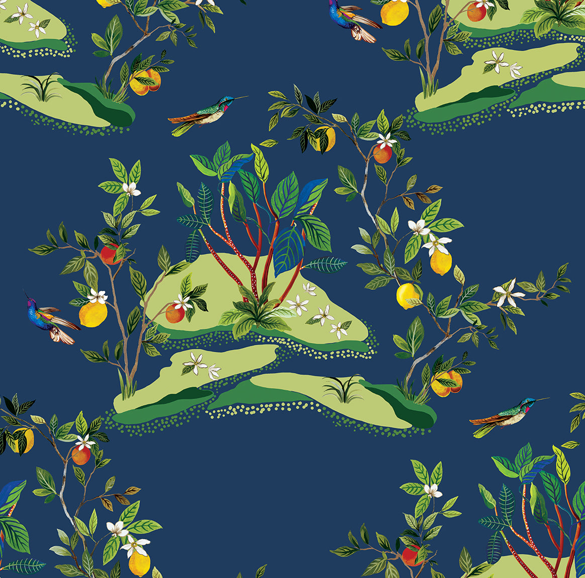 Daisy Bennett Designs West Boulevard Collection Citrus Hummingbird Palm Leaf Contemporary Blue Matte - DBW9002