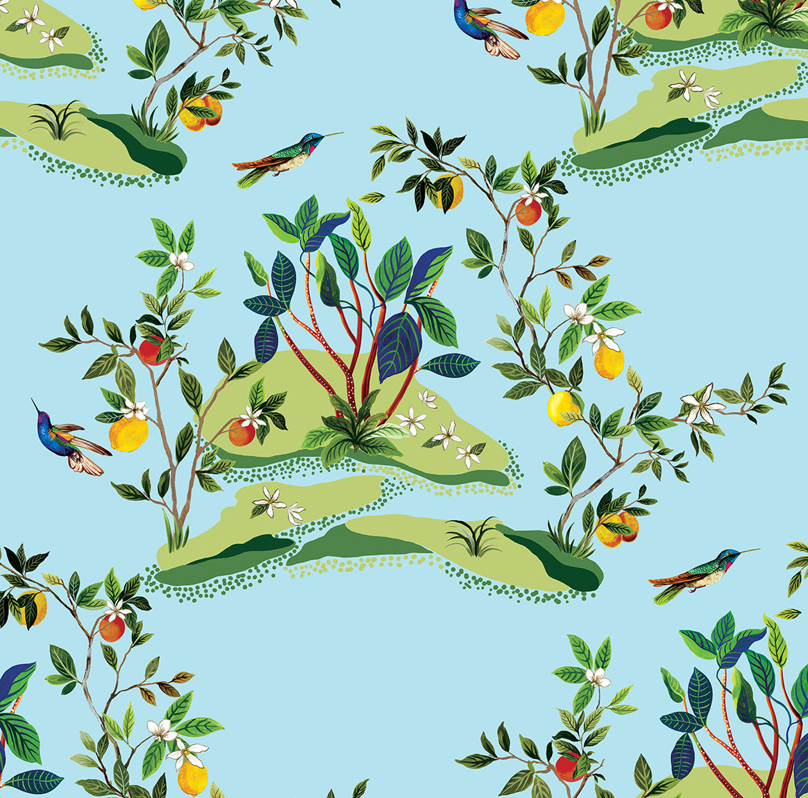 Daisy Bennett Designs West Boulevard Collection Citrus Hummingbird Palm Leaf Contemporary Blue Matte - DBW9003