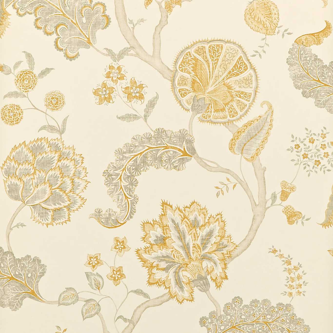 SANDERSON Palampore Wallpaper Leaves , Trees Silver, Gold Gravure Printed Wallpaper - DCAVPA105