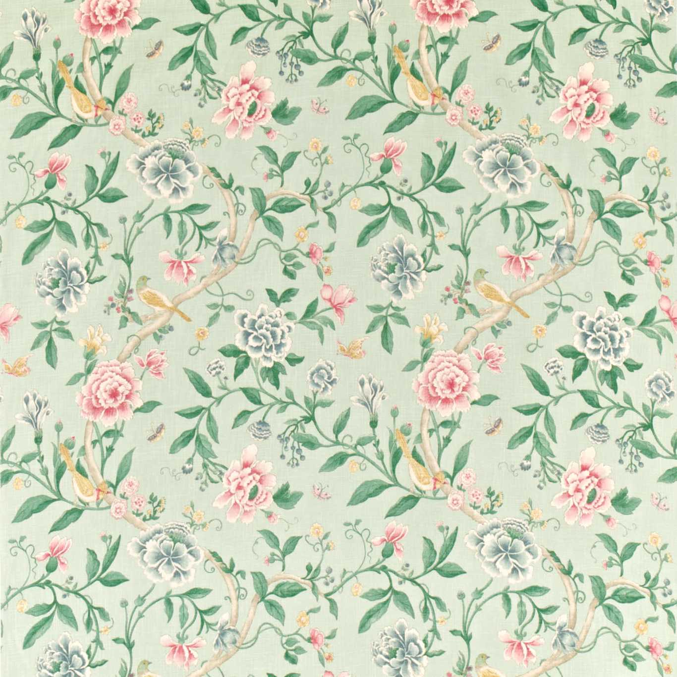 SANDERSON Porcelain Garden Fabric Leaves , Trees Rose, Duck Egg - DCAVPO203