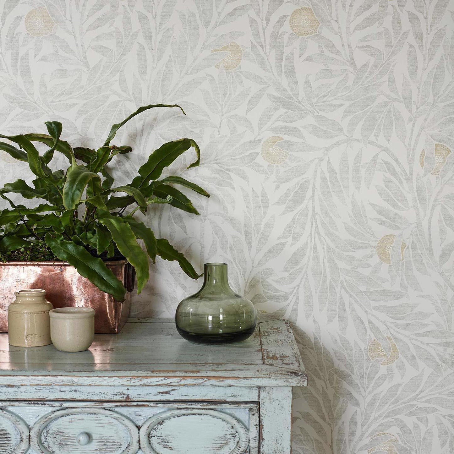 Stone botanical forest wallpaper with intricate tree and nature motifs, Sanderson Orange Tree pattern inspired by Walter Crane, vintage style neutral wallcovering for elegant cottage and traditional interiors