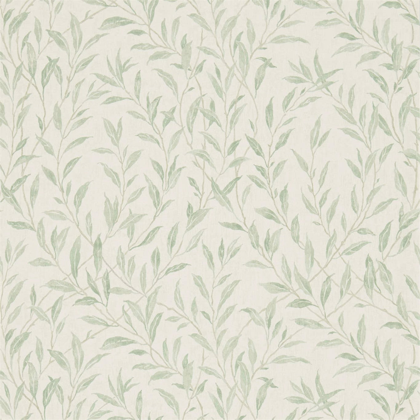 Cream wallpaper with pale sage-green leafy sprigs in a soft, repeating botanical pattern.