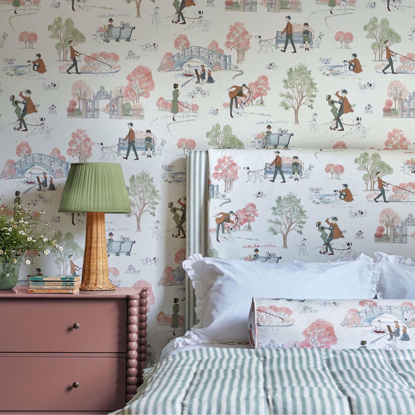Disney Home x Sanderson 101 Dalmatians Candy Floss fabric with vintage hand-block Dalmatian design, whimsical designer print for cushions, curtains, upholstery, or craft projects