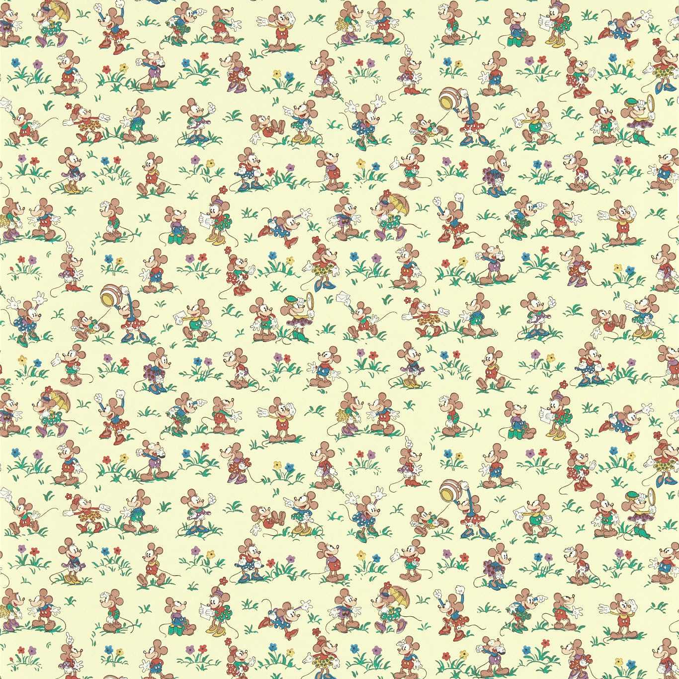 Cream background wallpaper with a dense vintage-style pattern of tiny colorful mice in clothes.