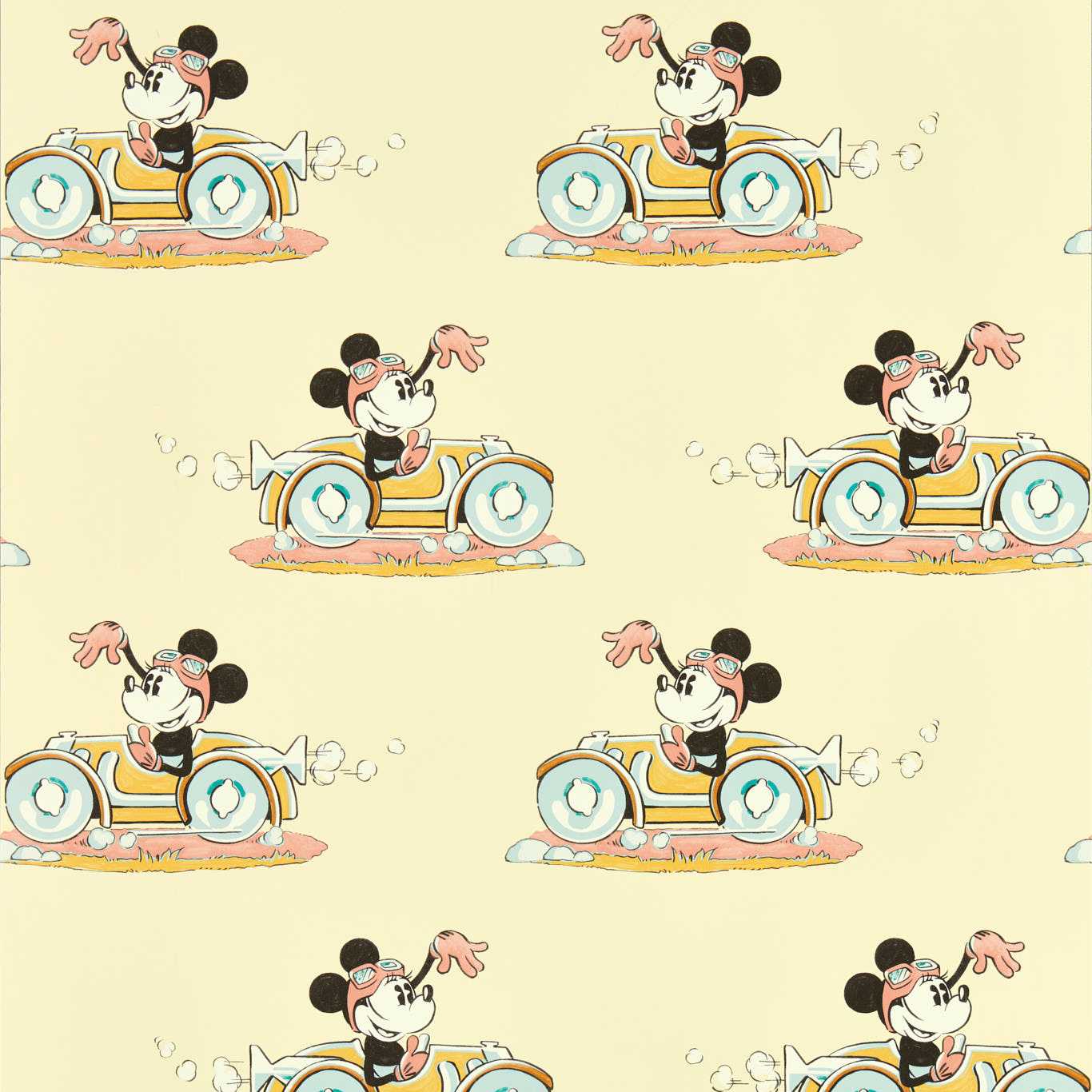 Repeat pattern featuring Minnie Mouse driving a yellow vintage car on a pale yellow background, wallpaper.
