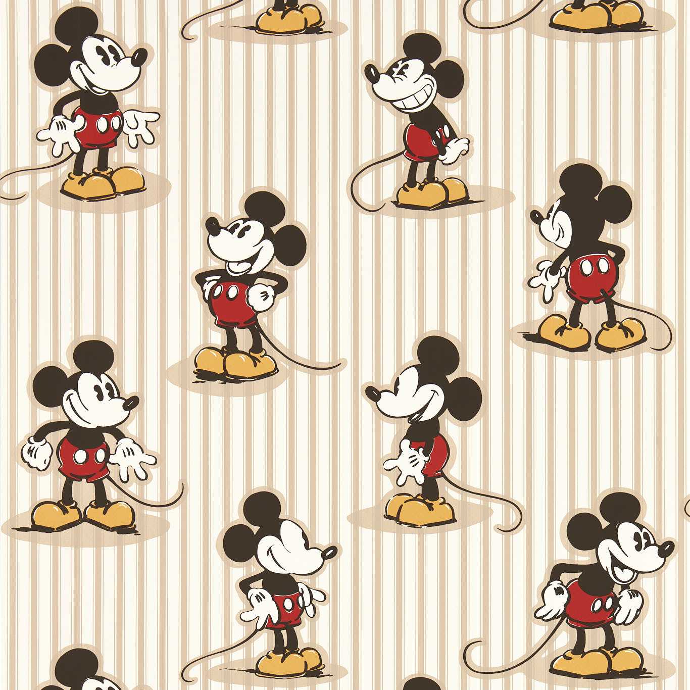 Retro Mickey Mouse pattern on beige stripes; multiple poses of Mickey in red shorts and yellow shoes.