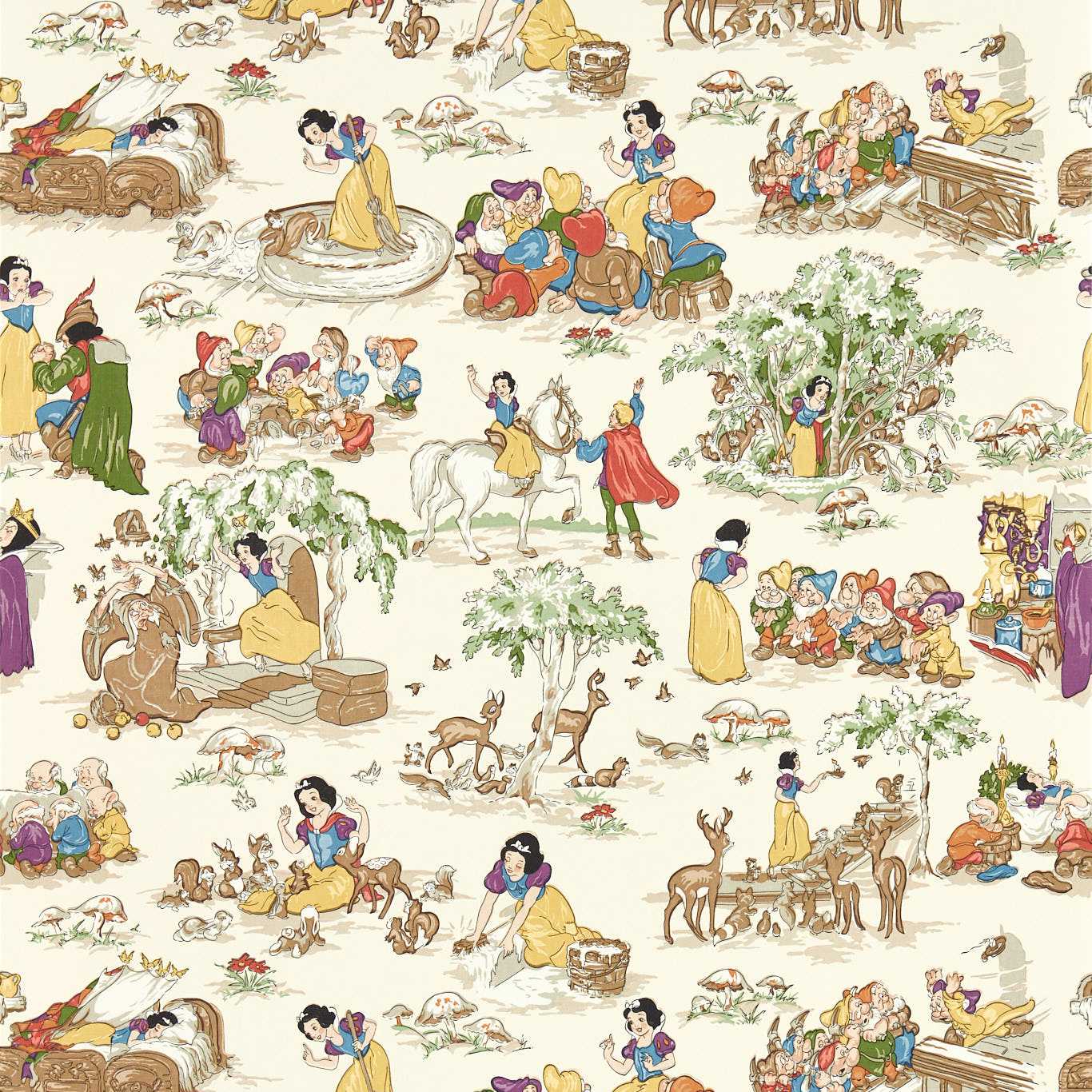 Vintage storybook pattern with people, animals and trees in soft pastels; seamless repeating wallpaper print.