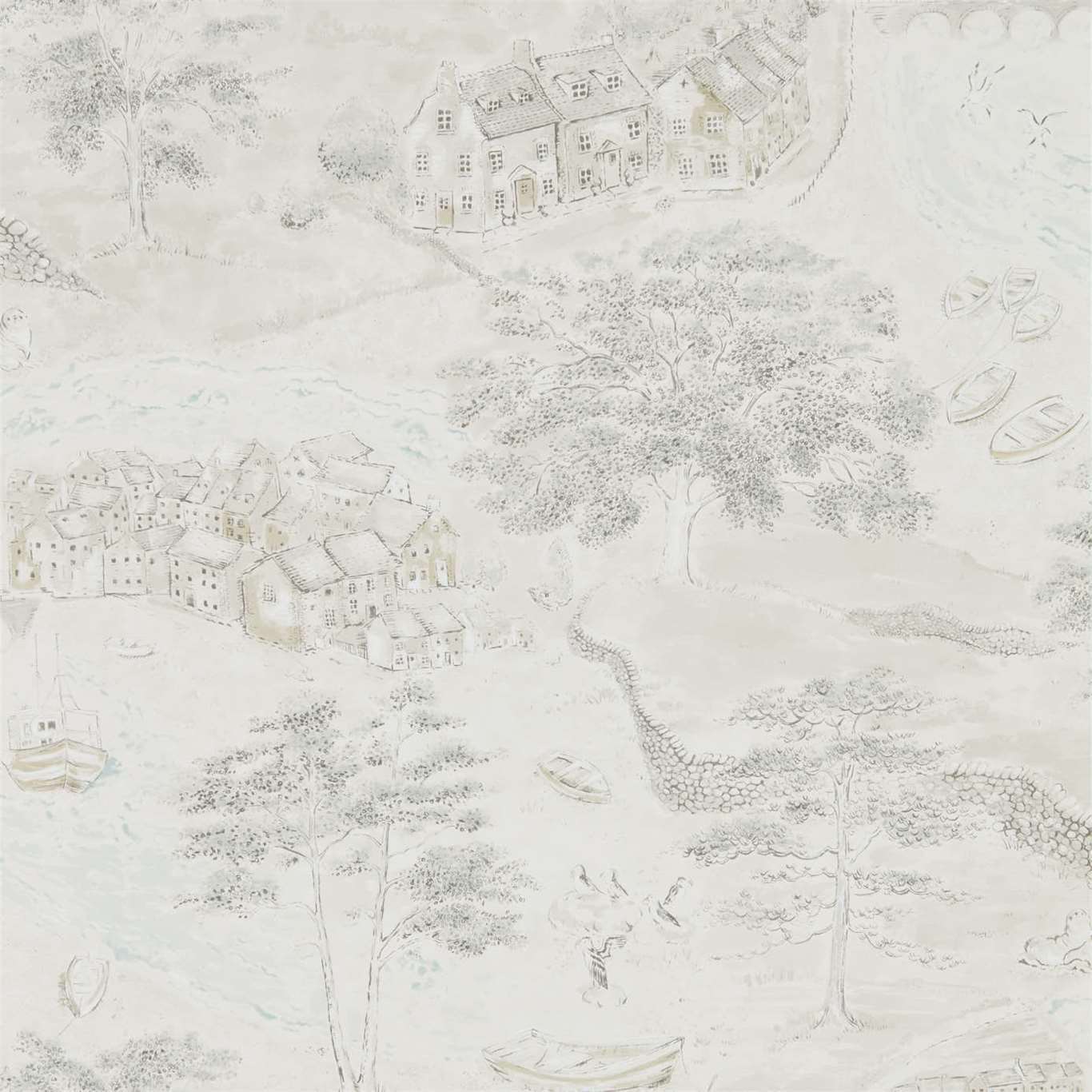 SANDERSON Sea Houses Wallpaper Landscapes Chalk,Silver Gravure - Wide Width Printed Wallpaper - DEBB216491