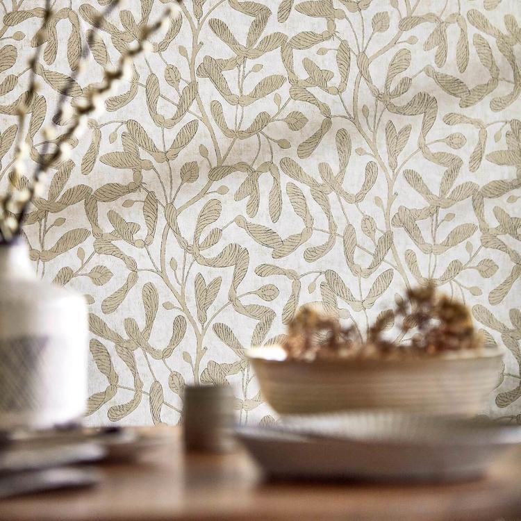 Sanderson Sycamore Trail Gold wallpaper with elegant sycamore seed pods and botanical leaf design in warm gold tones from the Embleton Bay collection.