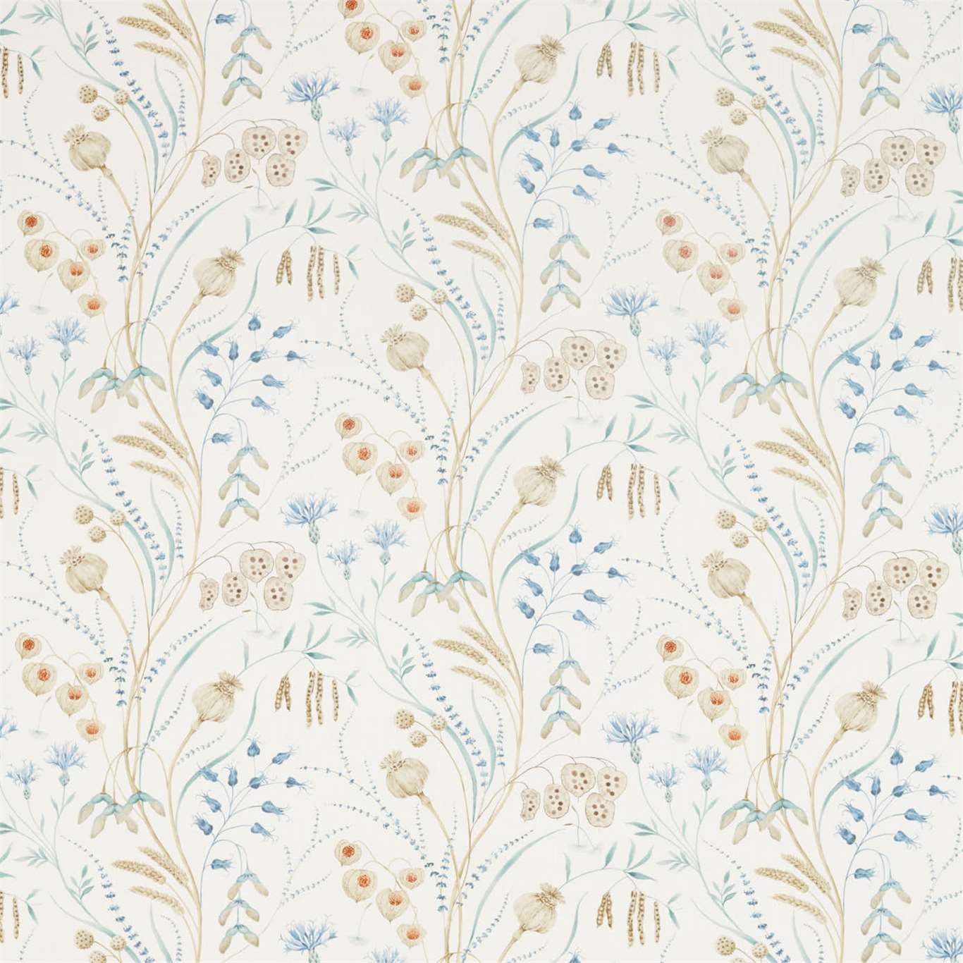 SANDERSON Summer Harvest Fabric Classic Floral Cornflower,Wheat - DEBB226434