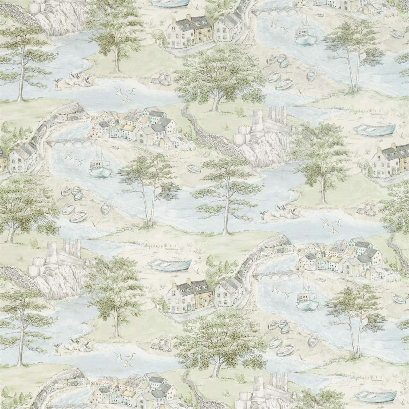 SANDERSON Sea Houses Fabric Landscapes Tidewater Blue - DEBB226435