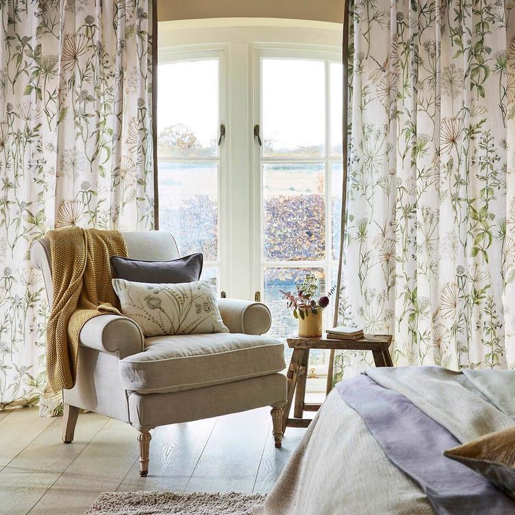 Sanderson Wild Angelica Fabric in Silver & Spring Leaf, featuring cow parsley, clover, and dragonflies on a cotton-linen mix, ideal for curtains, cushions, light upholstery, and designer home décor projects.