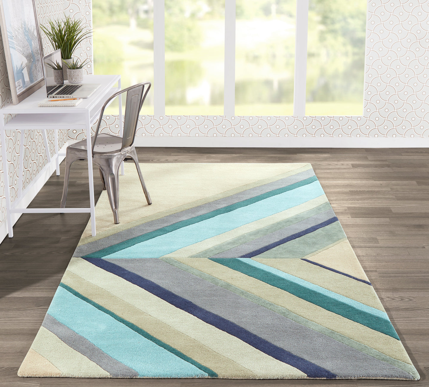 Geometric striped runner in blues, teals, beige and gray diagonals for a modern home office.