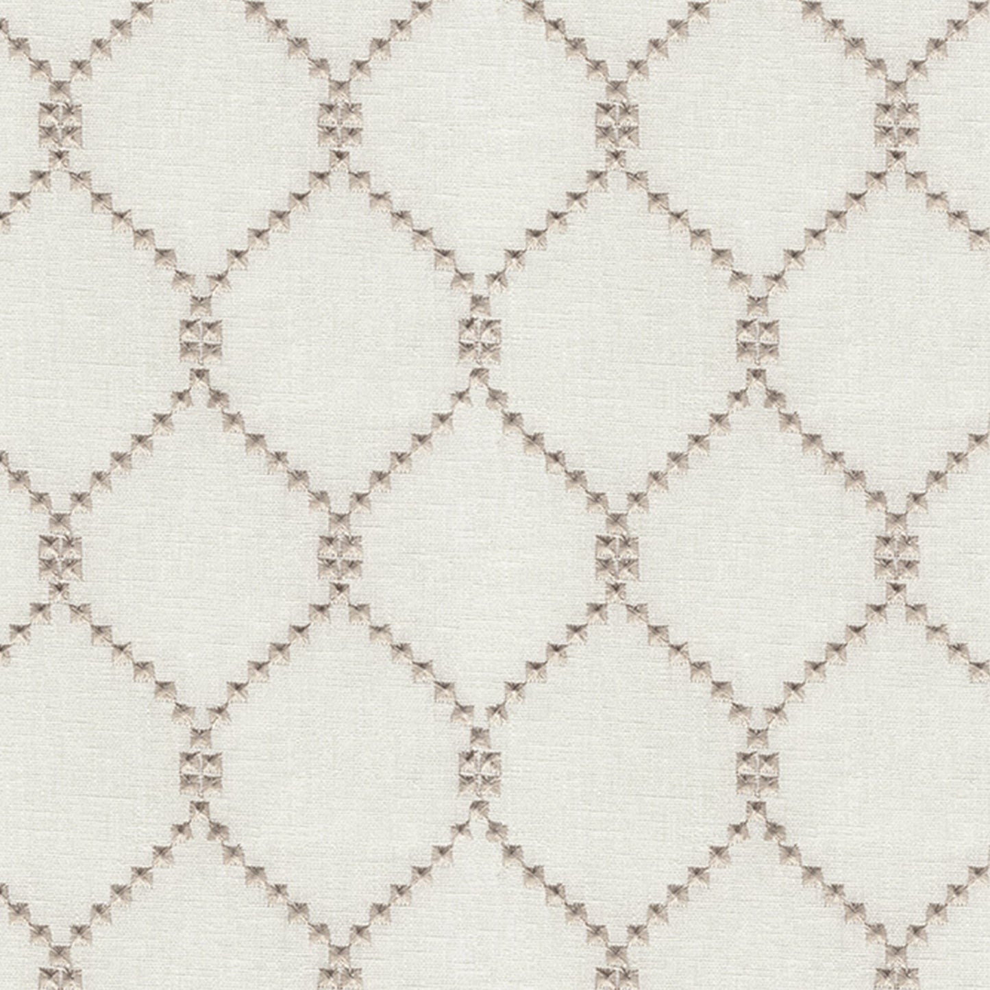 Cream linen-textured fabric with taupe diamond lattice embroidery and tiny stitch accents.