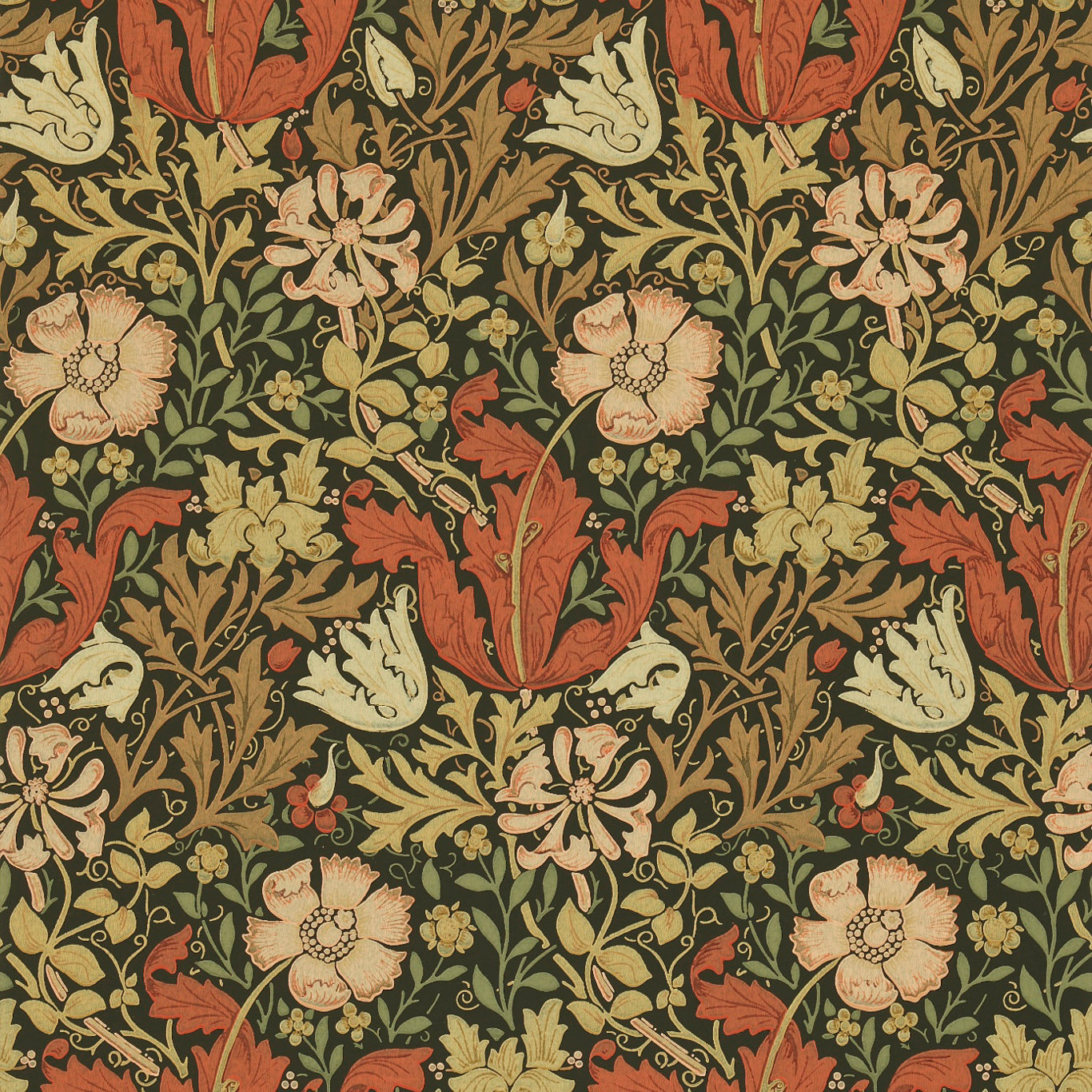 MORRIS & CO Compton Wallpaper Leaves , Trees Bullrush,Black Surface- Printed Wallpaper - DGW196101